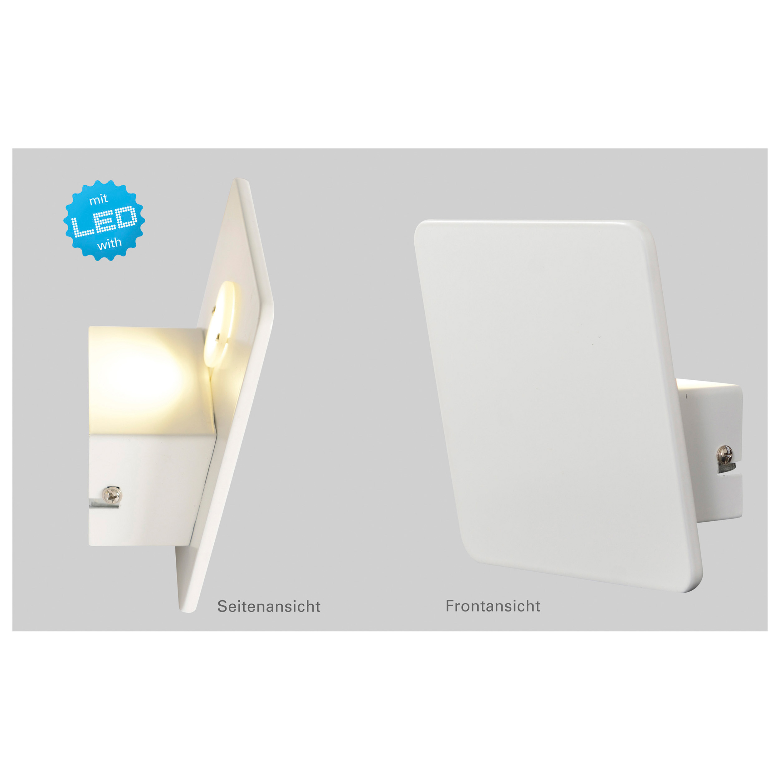 Weiße LED-Leuchte mit Seiten- und Vorderansicht. Eine Ansicht zeigt das Licht an, die andere aus.
