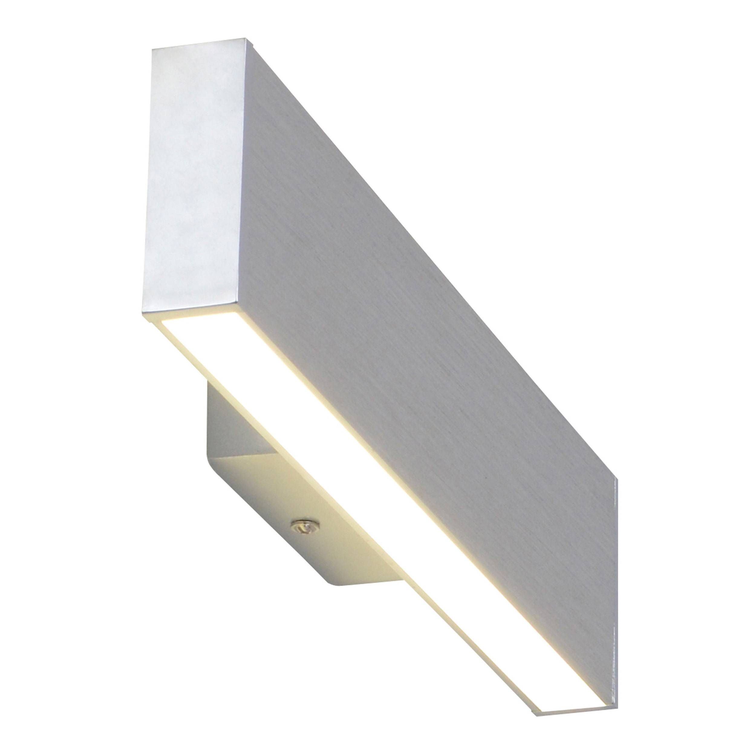 Silberne Metall-Wandleuchte mit einer hellen, linearen LED-Lichtquelle.