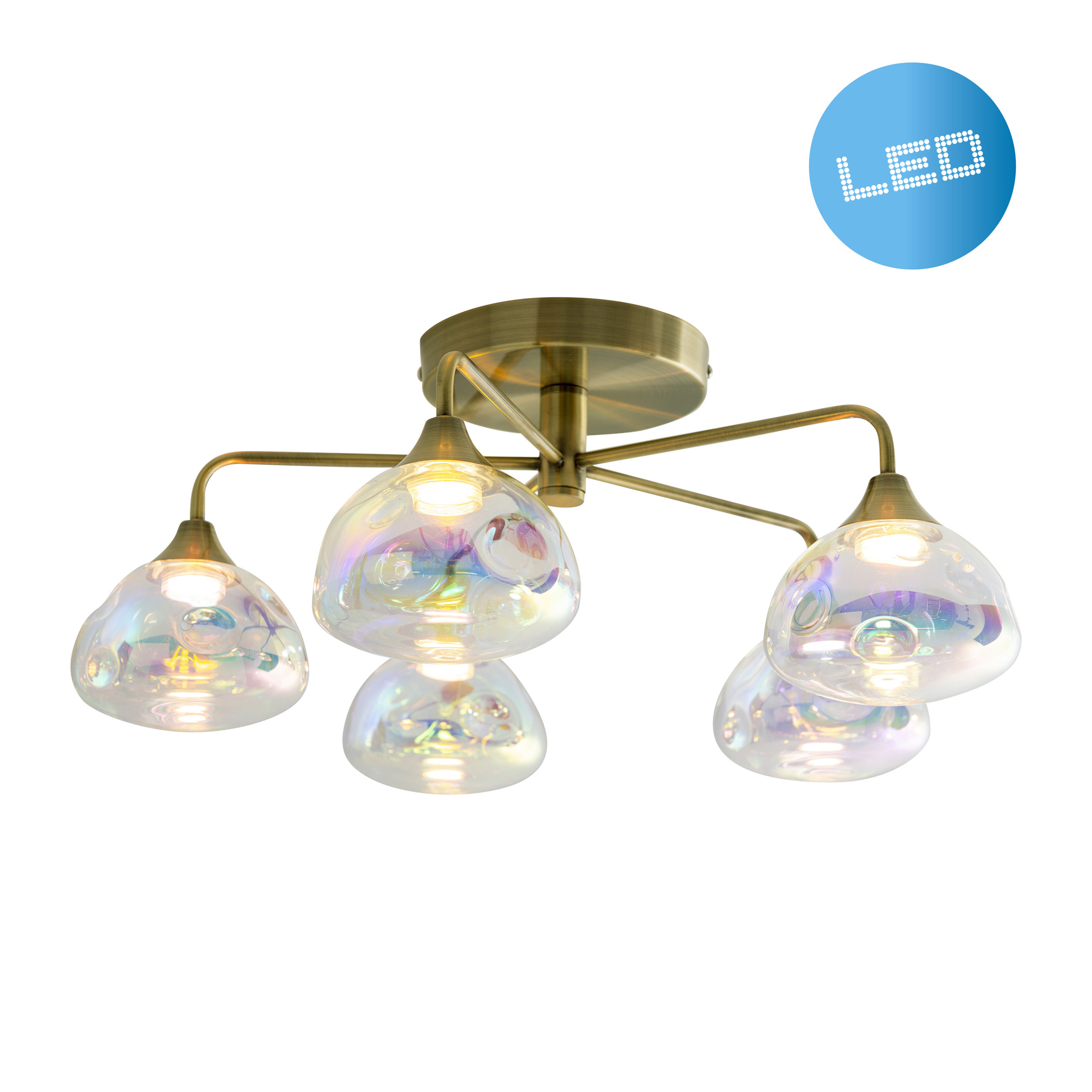 Deckenlampe mit fünf blasenformigen Leuchten, goldenem Rahmen und LED-Symbol.