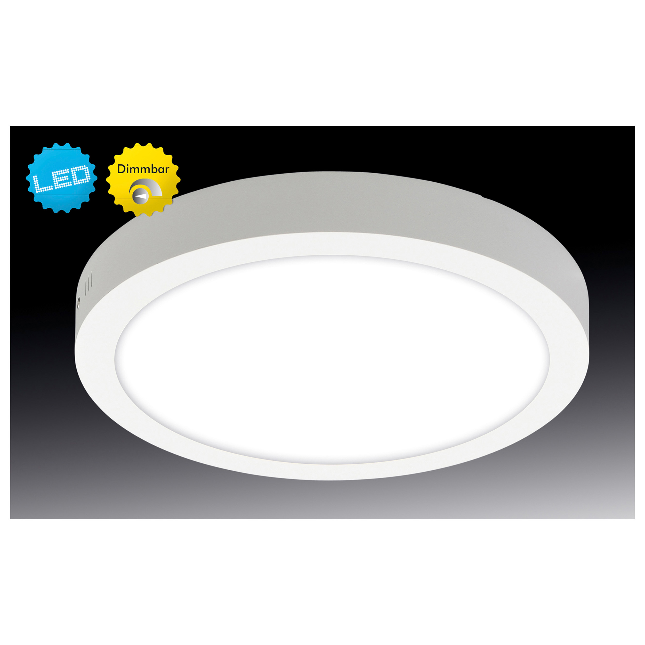 Weiße runde LED-Deckenleuchte mit LED- und dimmbaren Symbolen, auf grauem Hintergrund mit Farbverlauf.