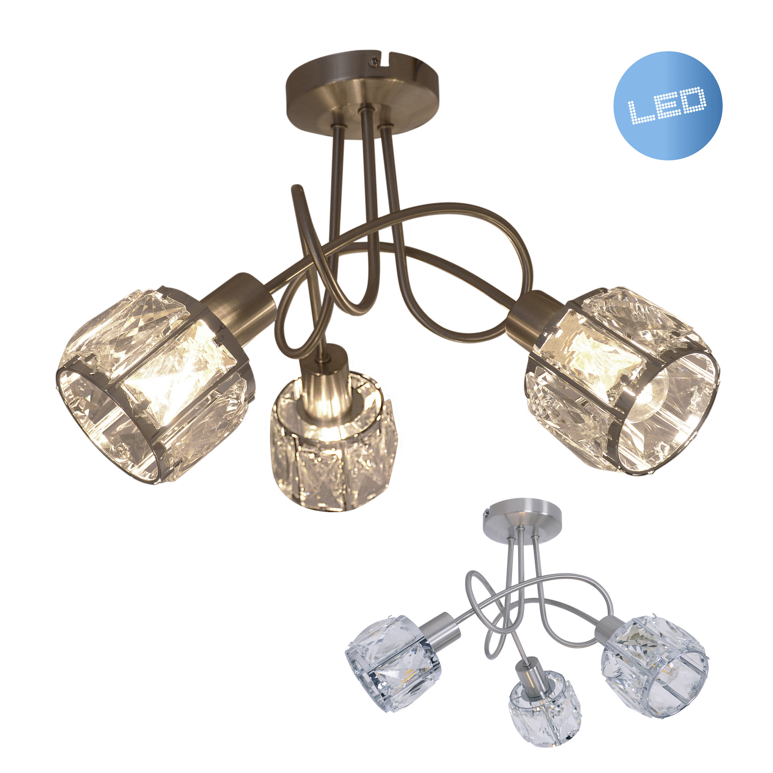 Deckenleuchte mit drei kristallartigen Lampen und Bronze-Finish. Eine identische silberne darunter.