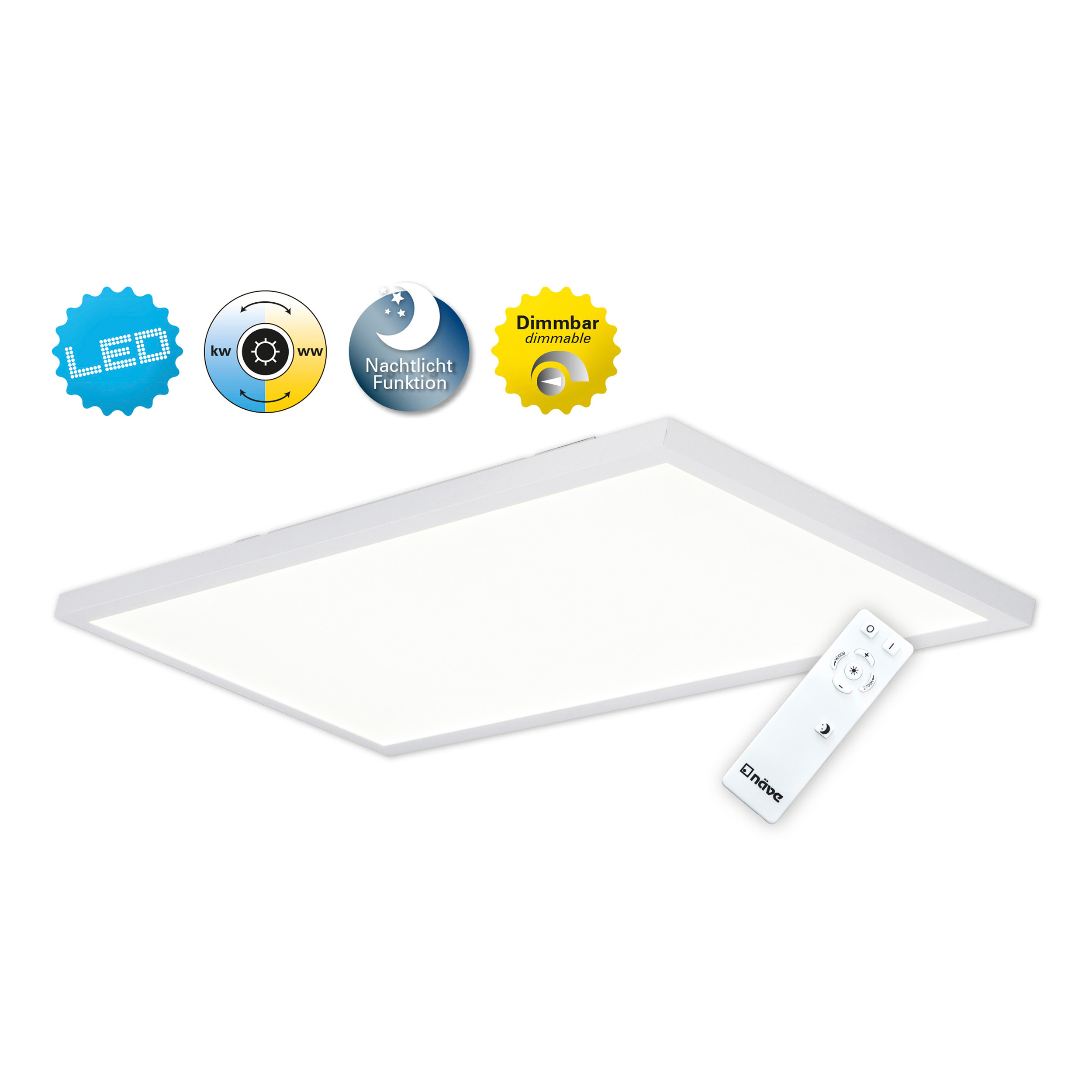 Weiße rechteckige LED-Deckenleuchte mit Fernbedienung und verschiedenen Symbolen.