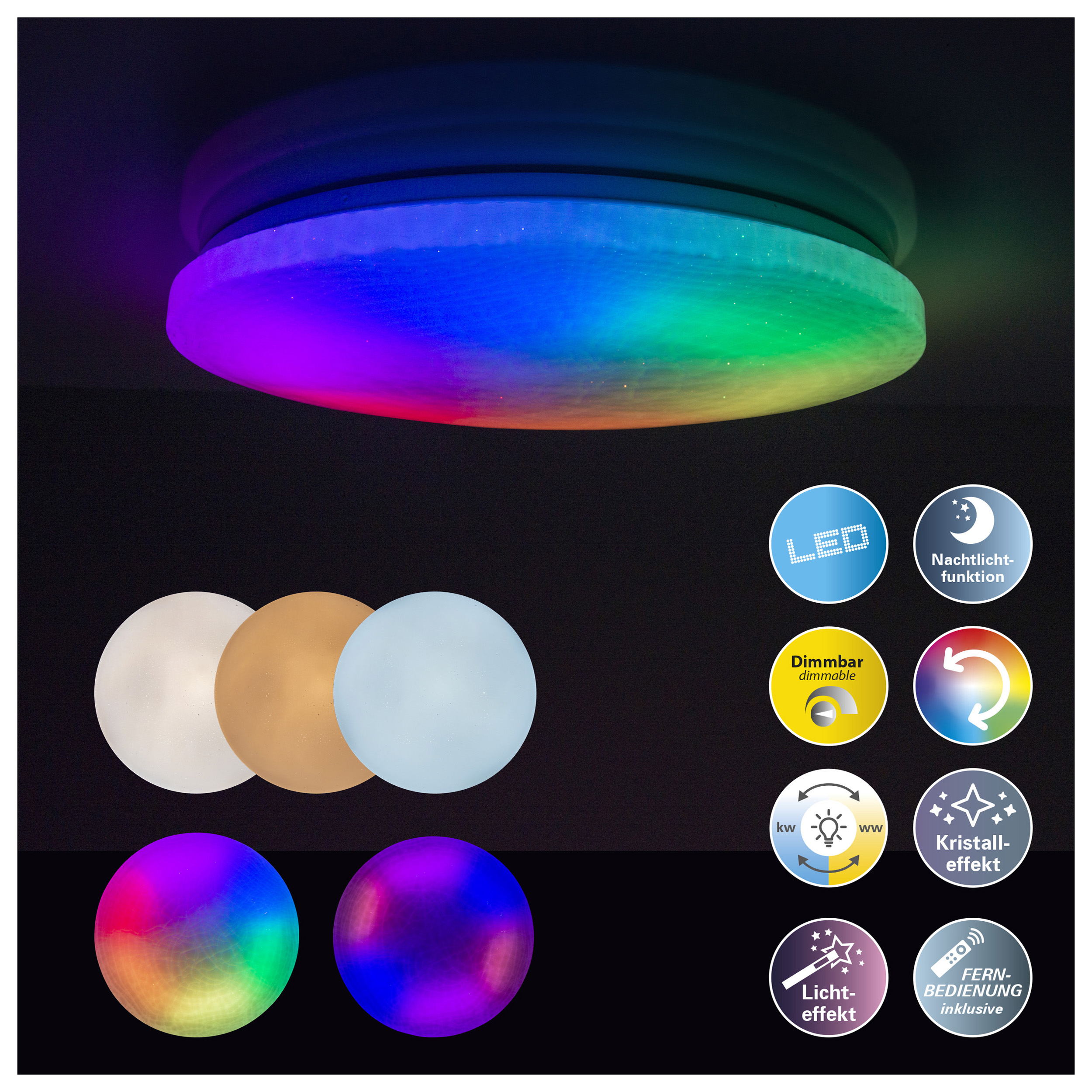 Eine farbenfrohe LED-Deckenleuchte mit verschiedenen Lichteffektoptionen und Steuerungssymbolen.