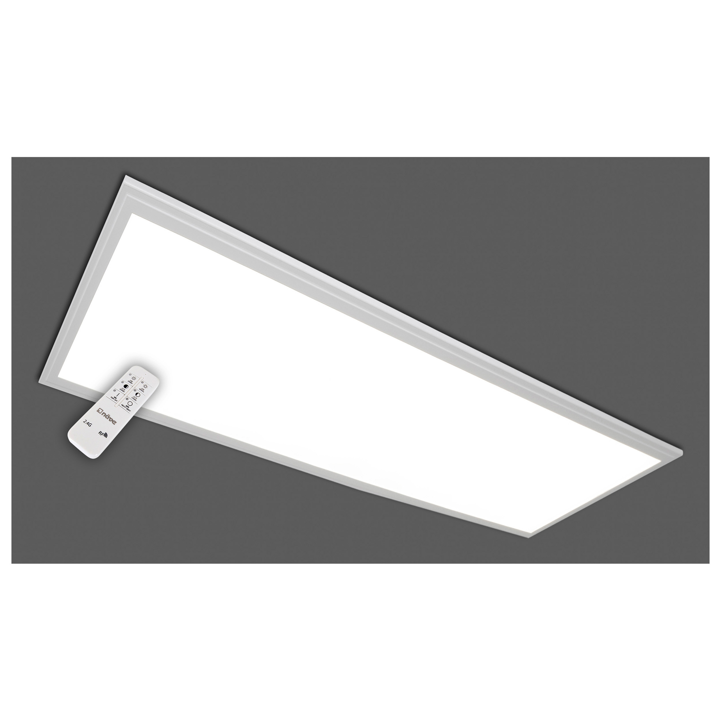 Eine rechteckige LED-Leuchte mit Fernbedienung, vor grauem Hintergrund.