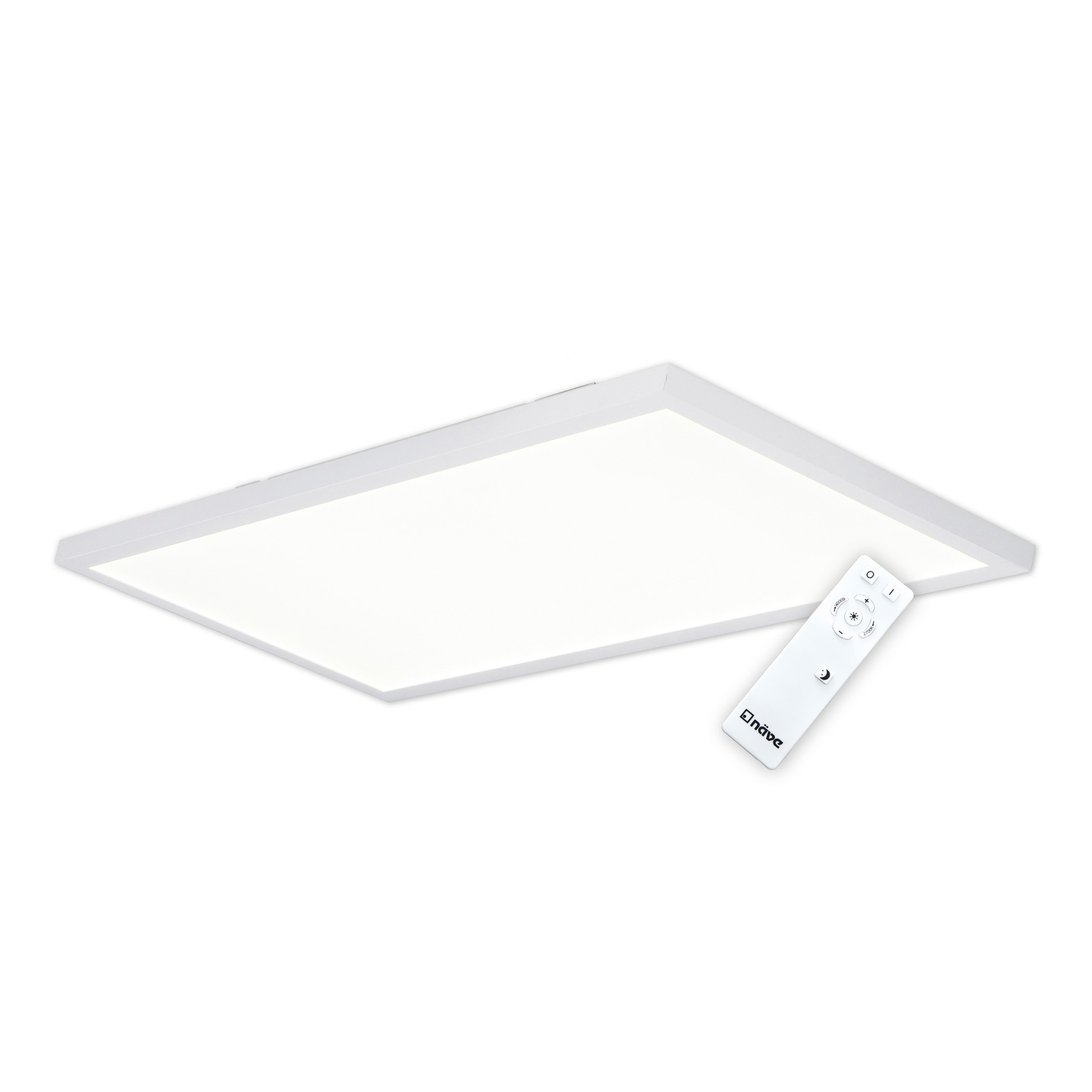 Weiße LED-Deckenleuchte mit Fernbedienung. Die Lampe ist rechteckig.