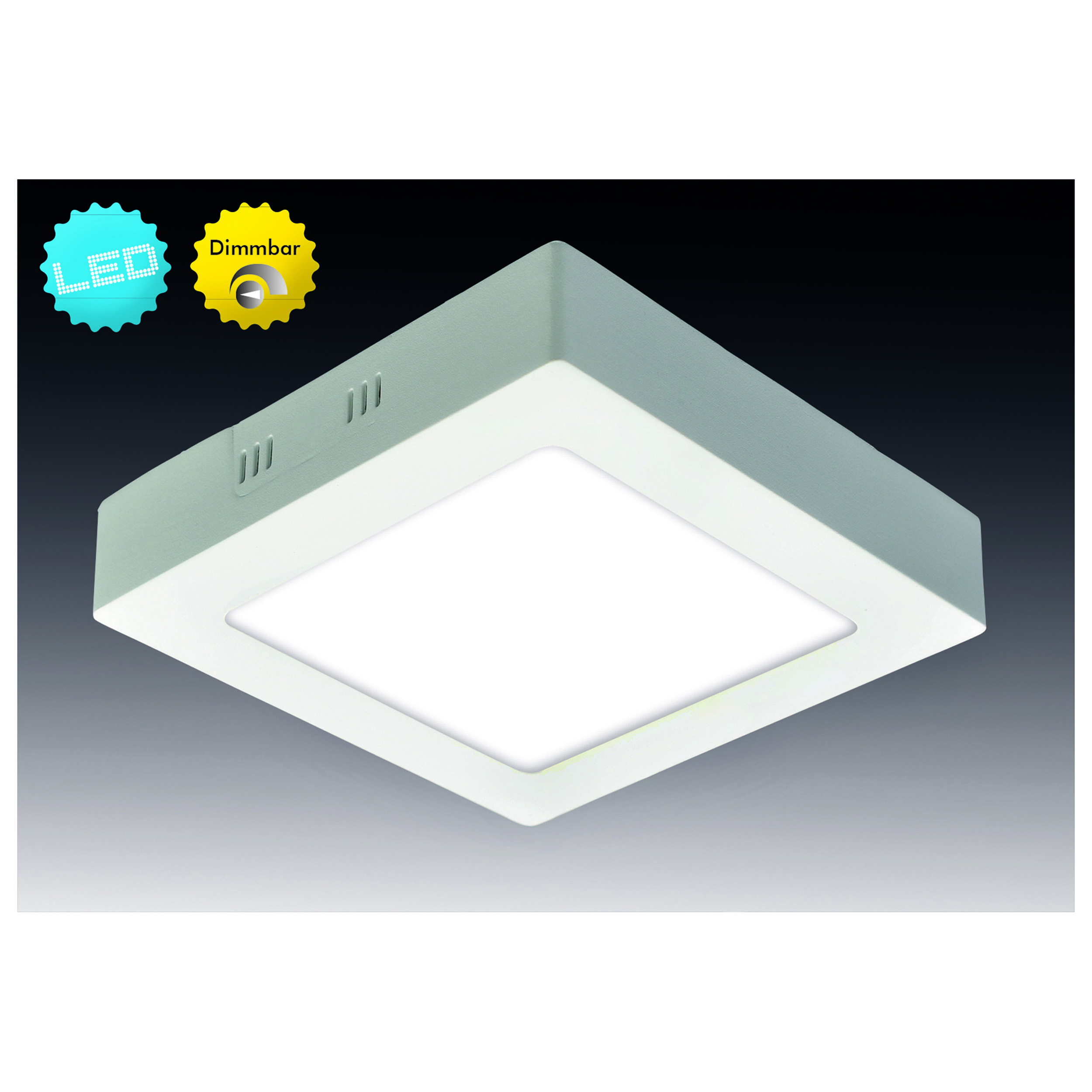 Eine weiße quadratische LED-Deckenleuchte mit einem zentral beleuchteten Panel.
