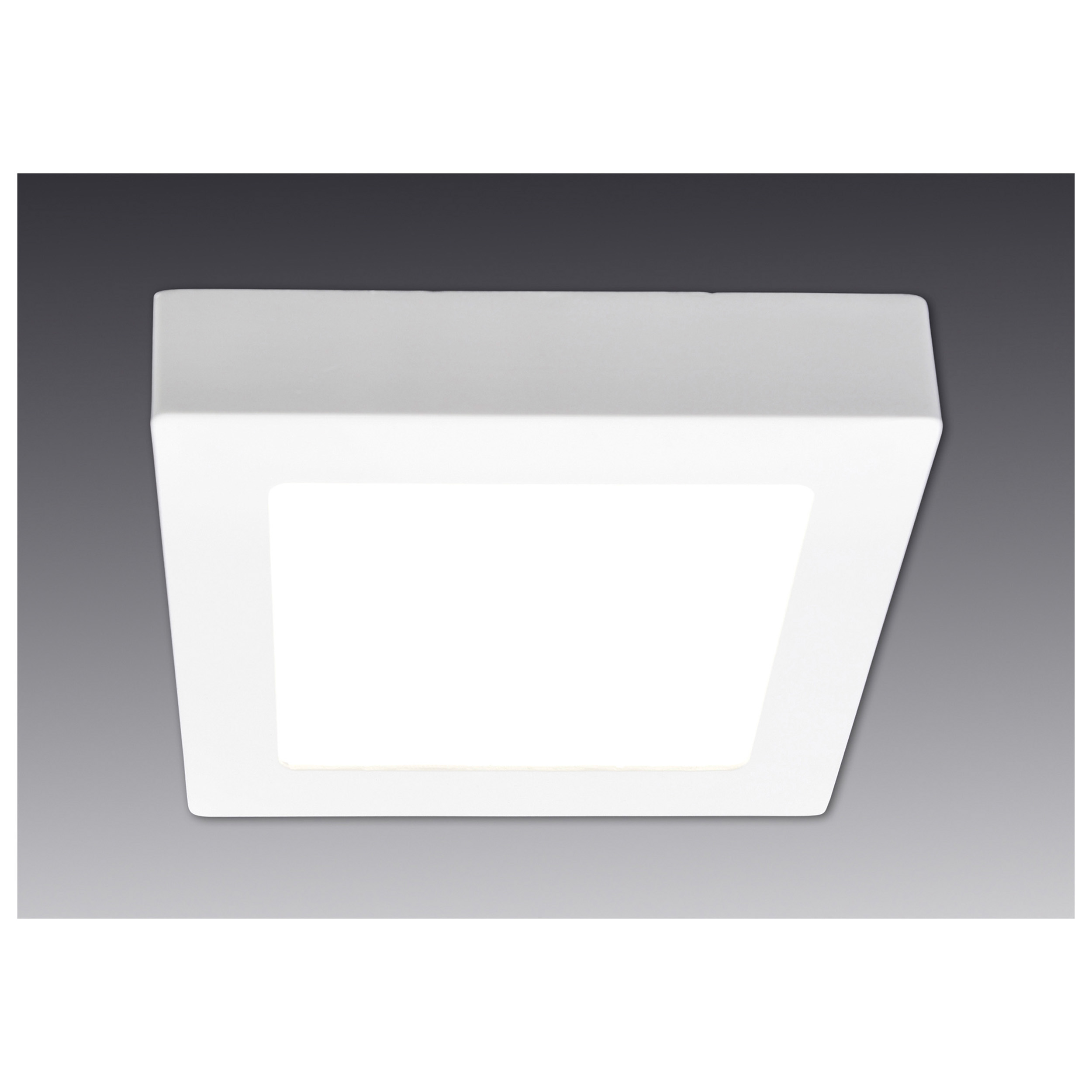 Quadratische weiße LED-Deckenleuchte auf grauem Hintergrund, die helles Licht abstrahlt.