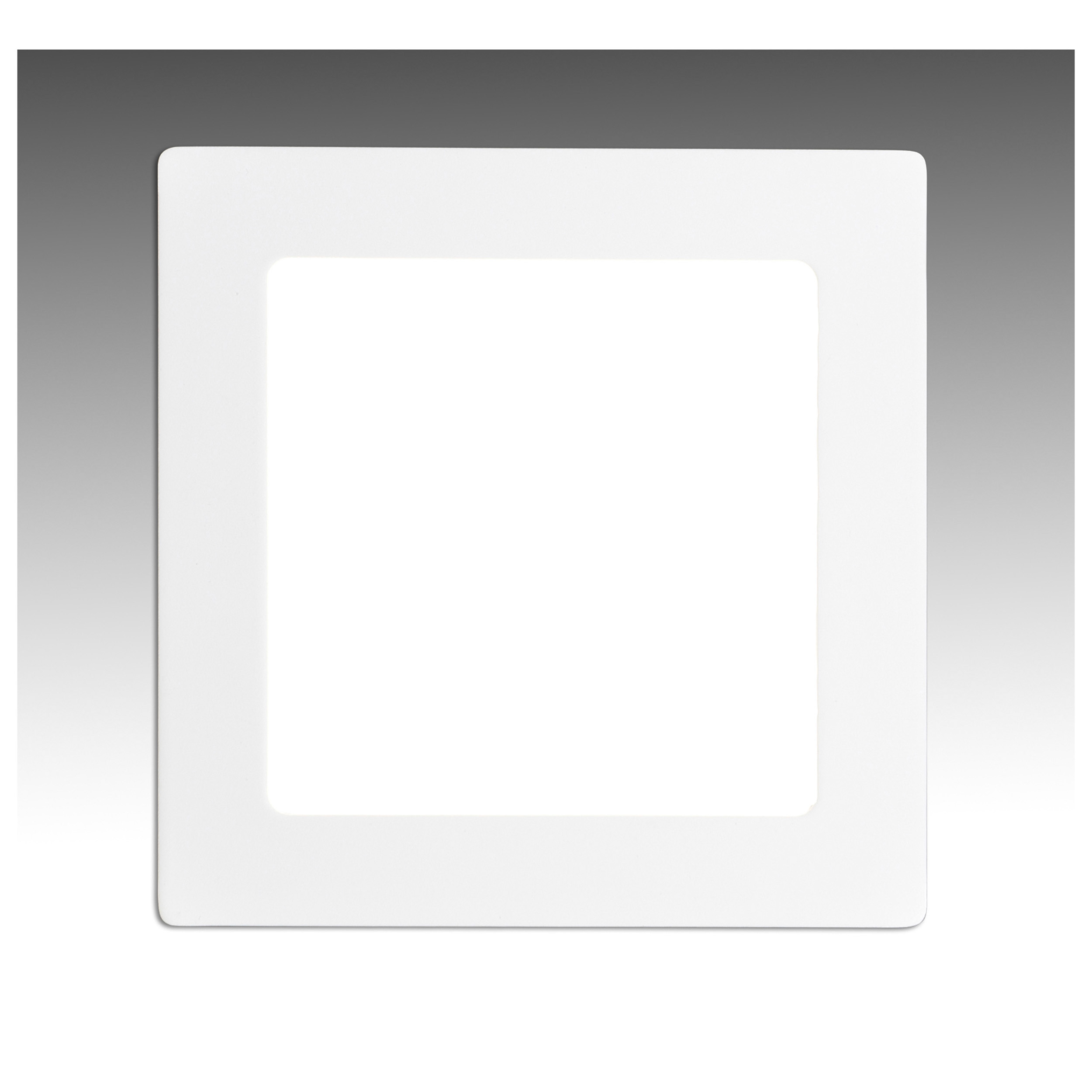 Quadratische LED-Deckenleuchte. Das Licht ist ein helles Weiß, umgeben von einem weißen Rahmen vor grauem Hintergrund.