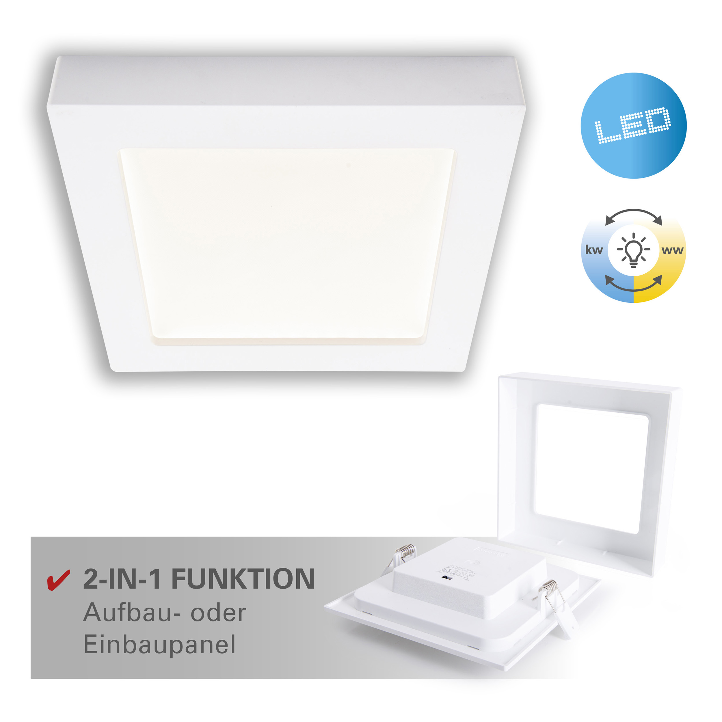 Ein weißes quadratisches LED-Panel mit zwei weiteren Panels, eines offen, mit Bedienfeld.