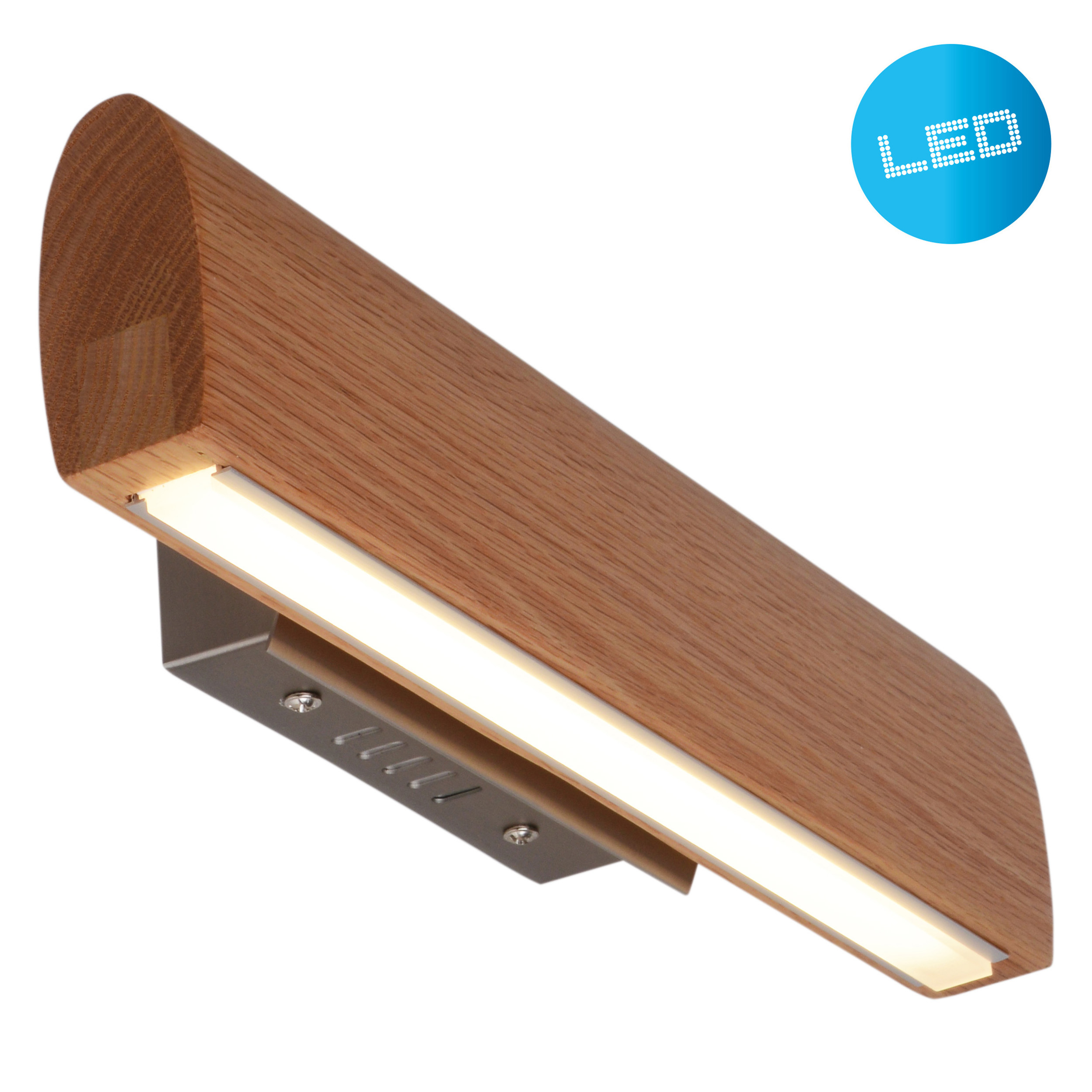 Wandleuchte aus Holz mit LED-Licht und Metallfuß.