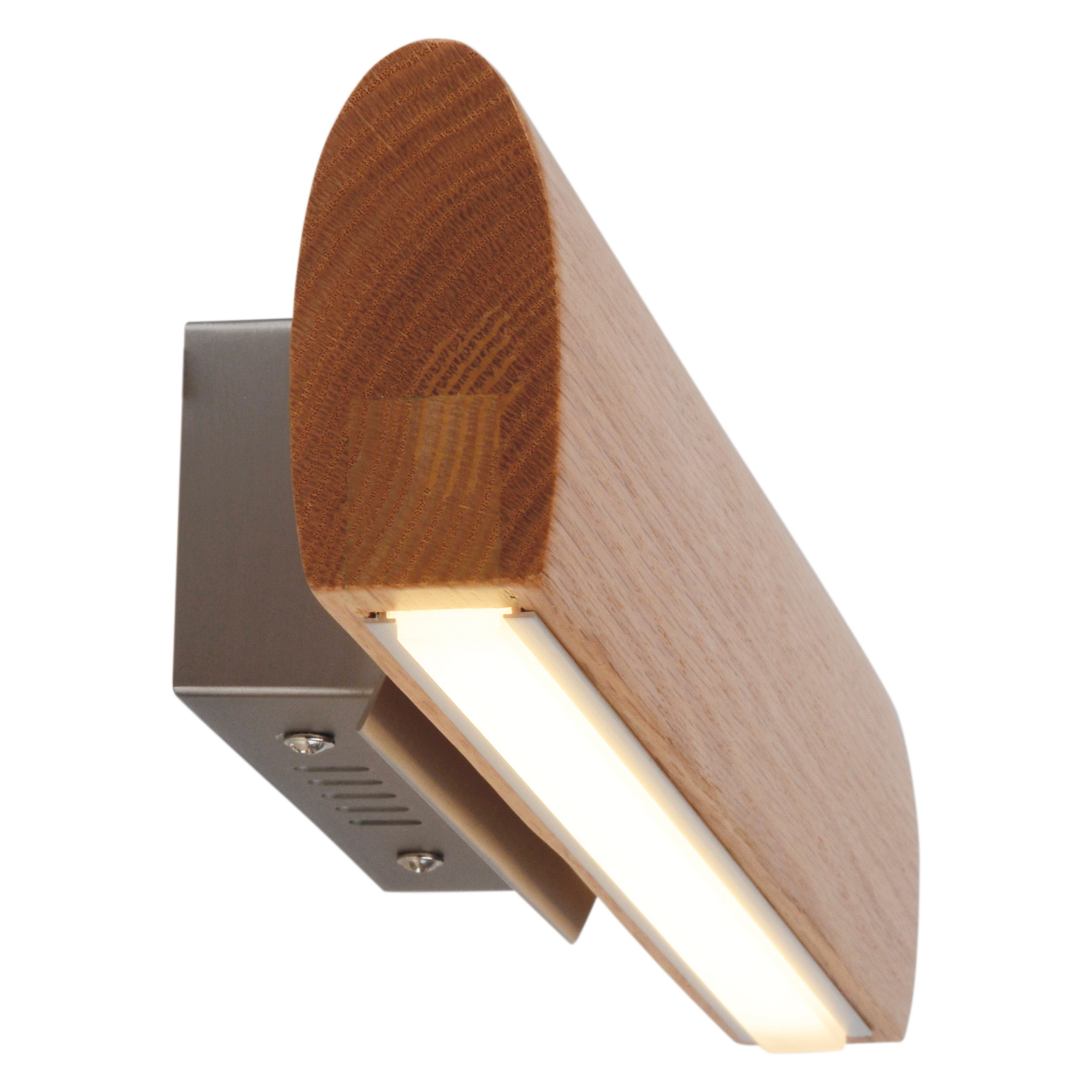 Wandlampe aus Holz, LED-Leuchten und Metall-Montageplatte, Licht und Schatten an der Wand.