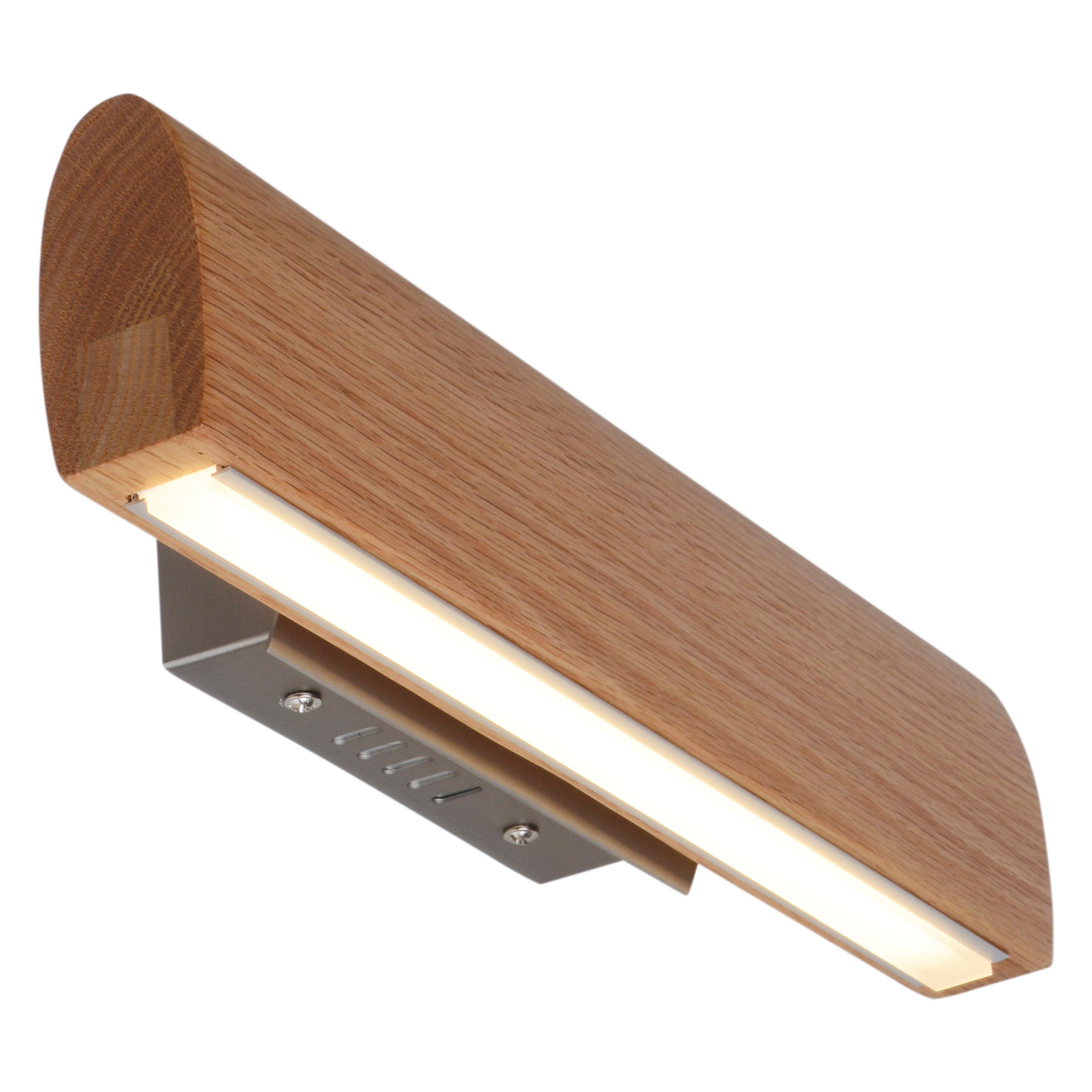Wandleuchte aus Holz mit LED-Licht. Das Licht ist auf Metall montiert.