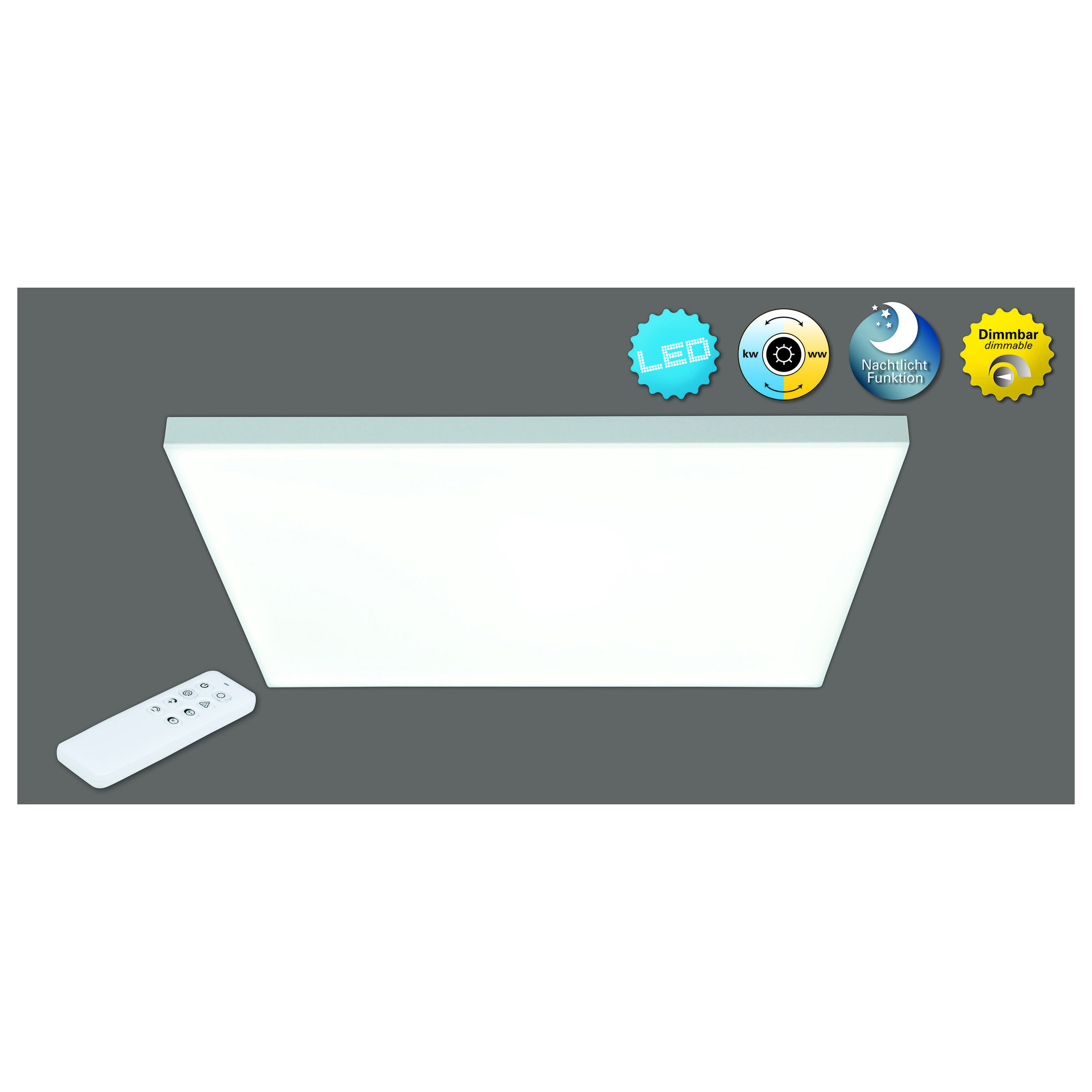 Eine dimmbare LED-Deckenleuchte mit Fernbedienung.