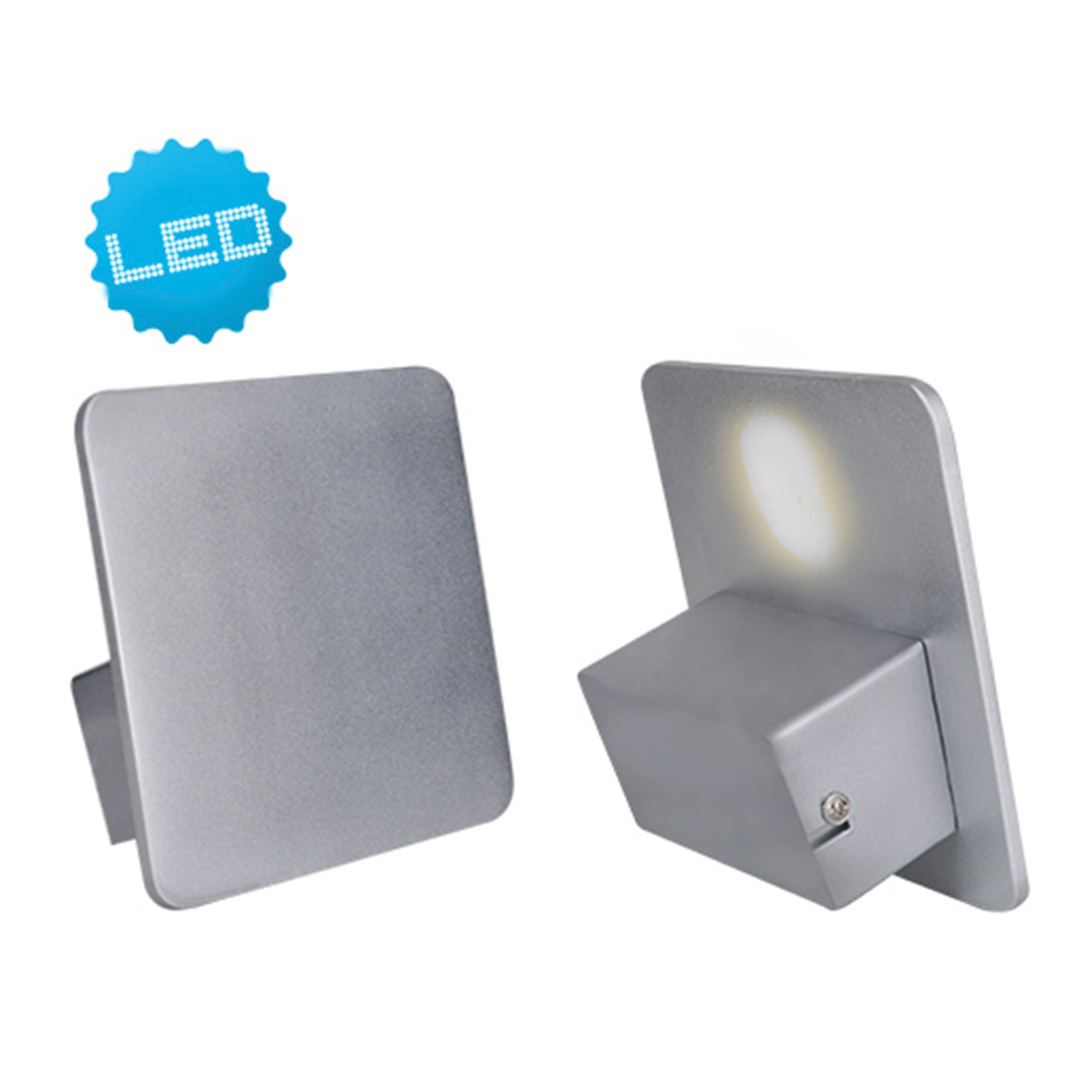 Zwei silberne LED-Wandleuchten, eine zeigt die Lichtquelle, vor weißem Hintergrund.
