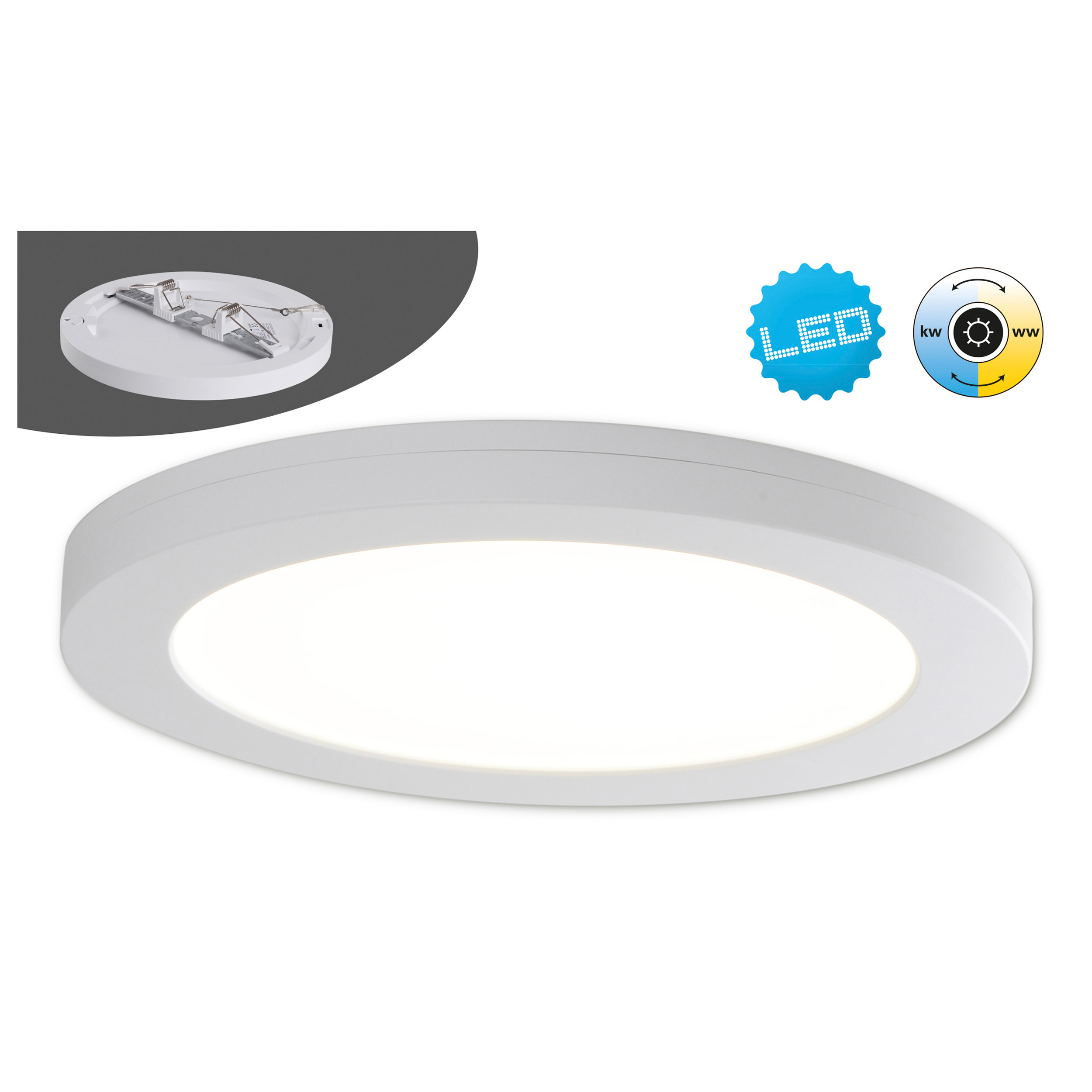 Weiße LED-Deckenleuchte mit hellem zentralen Licht und Symbolen für verschiedene Lichteinstellungen.