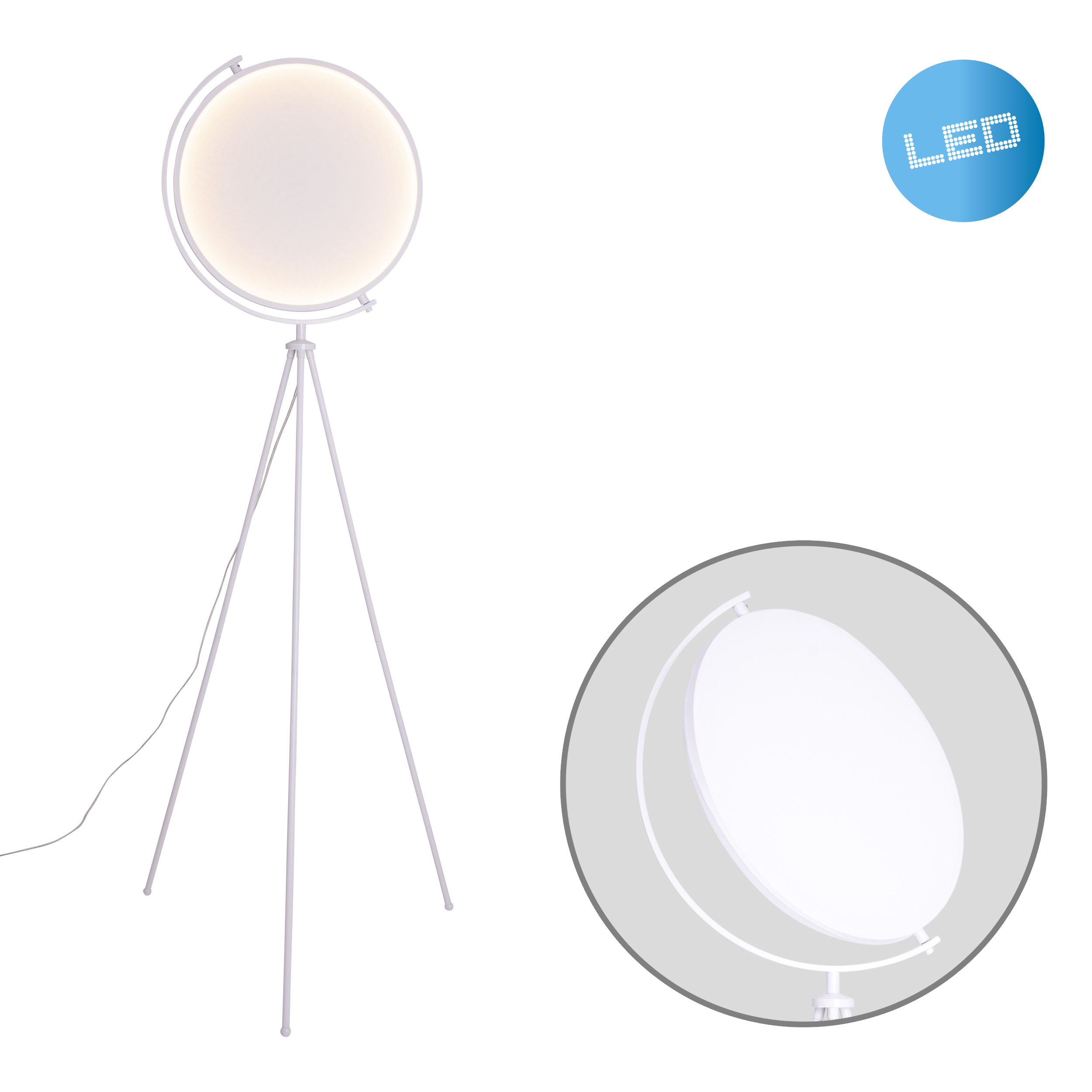 Weiße Stehlampe mit kreisförmigem Licht und Dreibeinstativ, LED-Symbol.