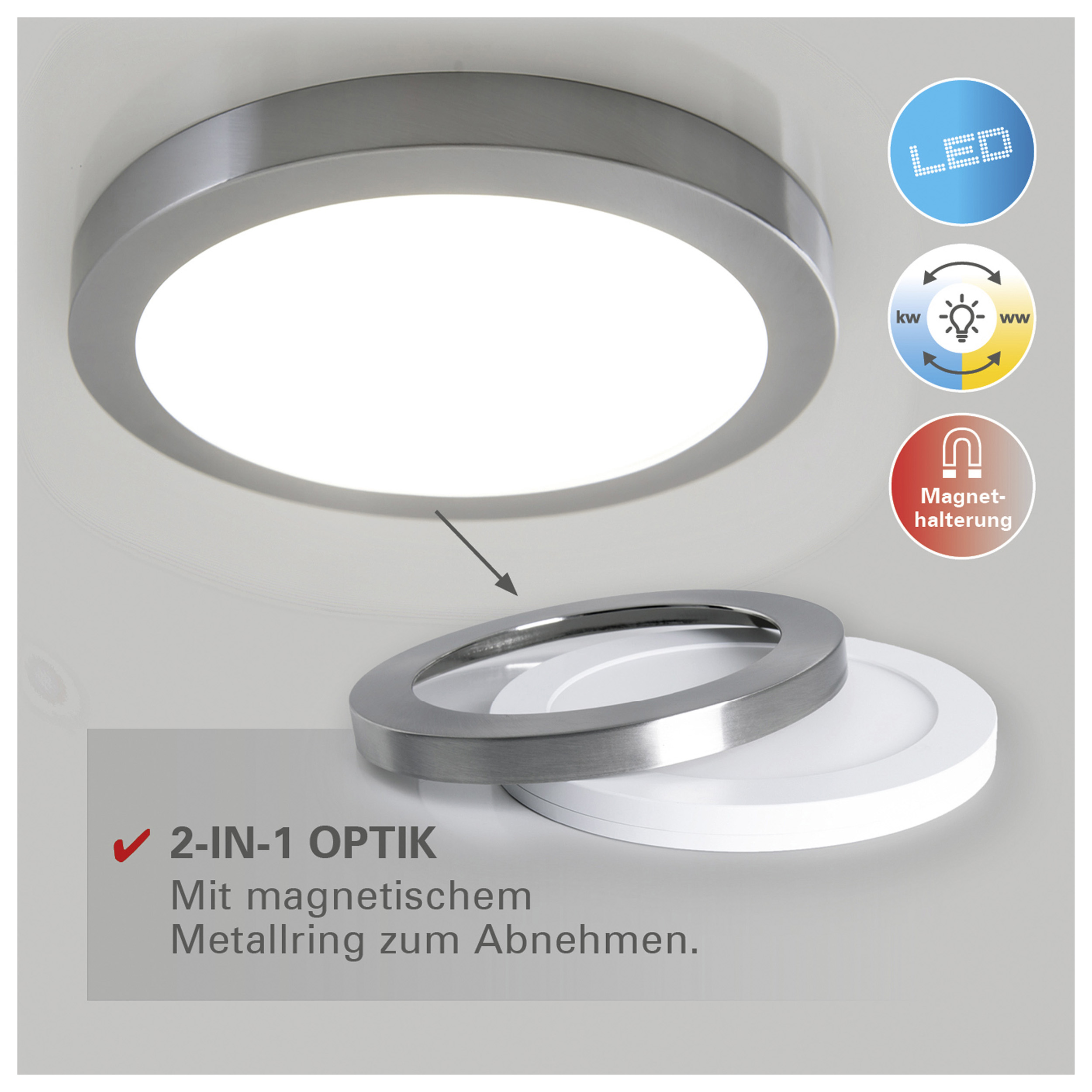 Runde, silberne LED-Deckenleuchte mit Magnetring. Text lautet 2-in-1.