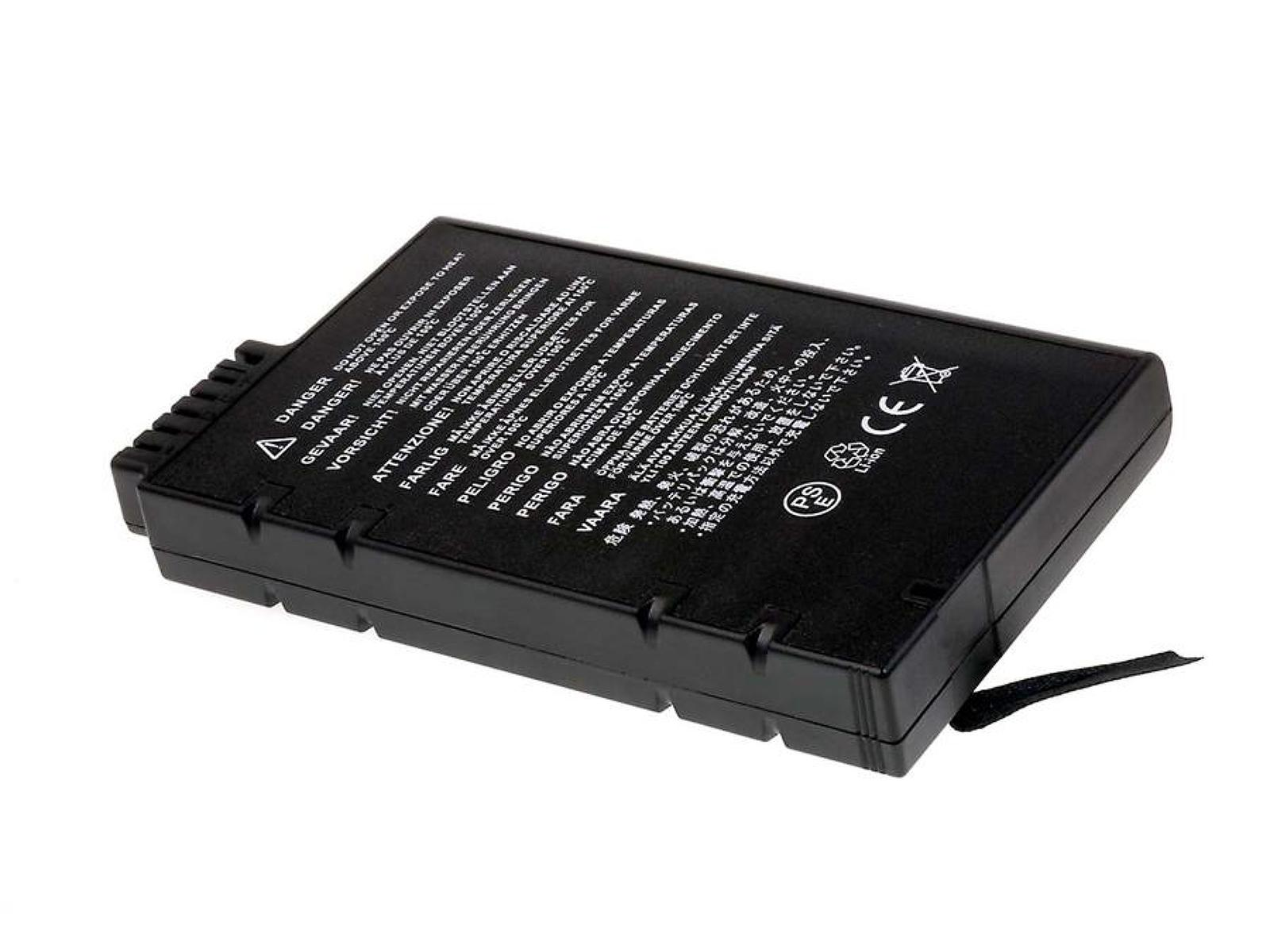 Batería rectangular negra con advertencias en varios idiomas. Tiene un conector negro.