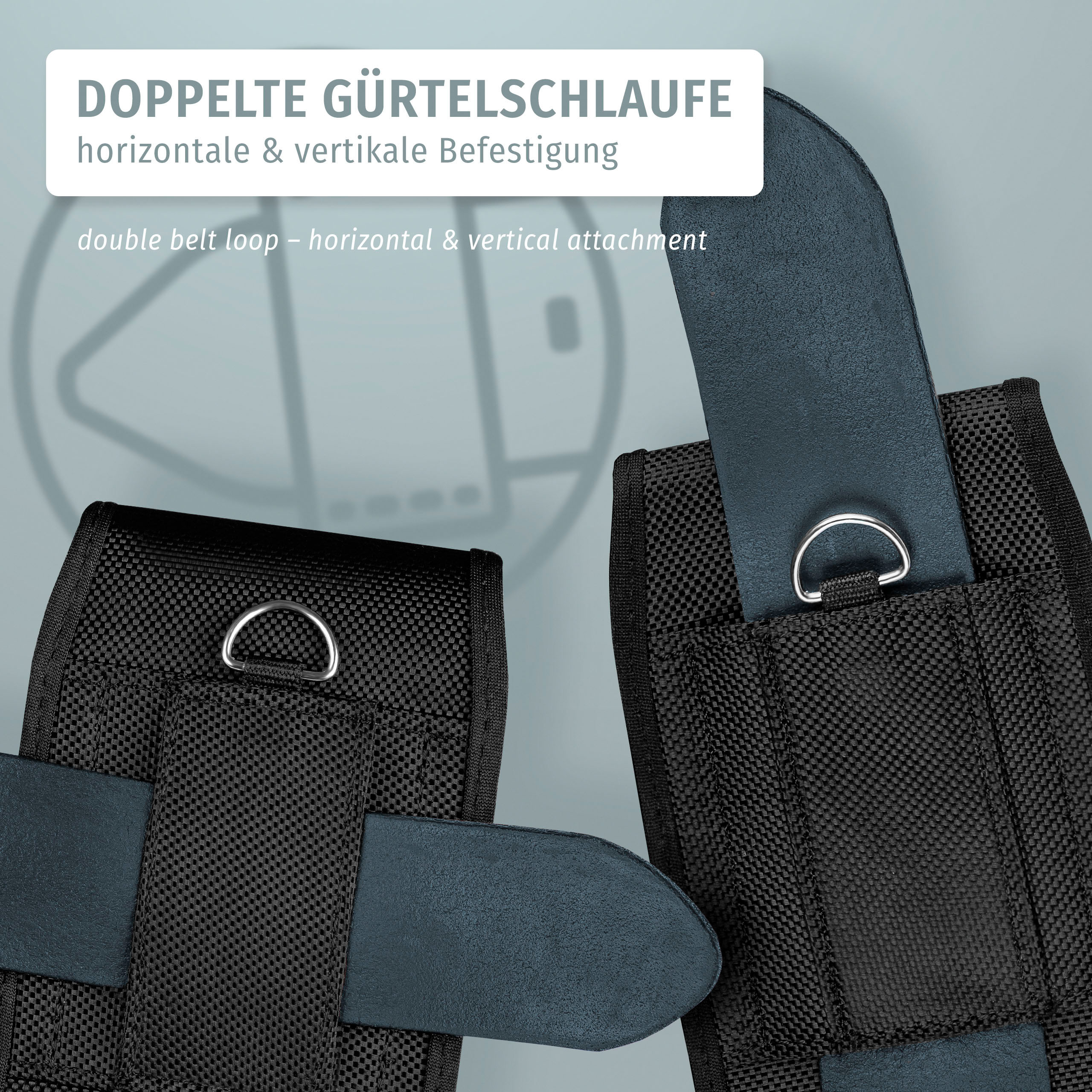 Zwei schwarze Knöchelriemen mit doppelten Gürtelschlaufen und Metallringen.