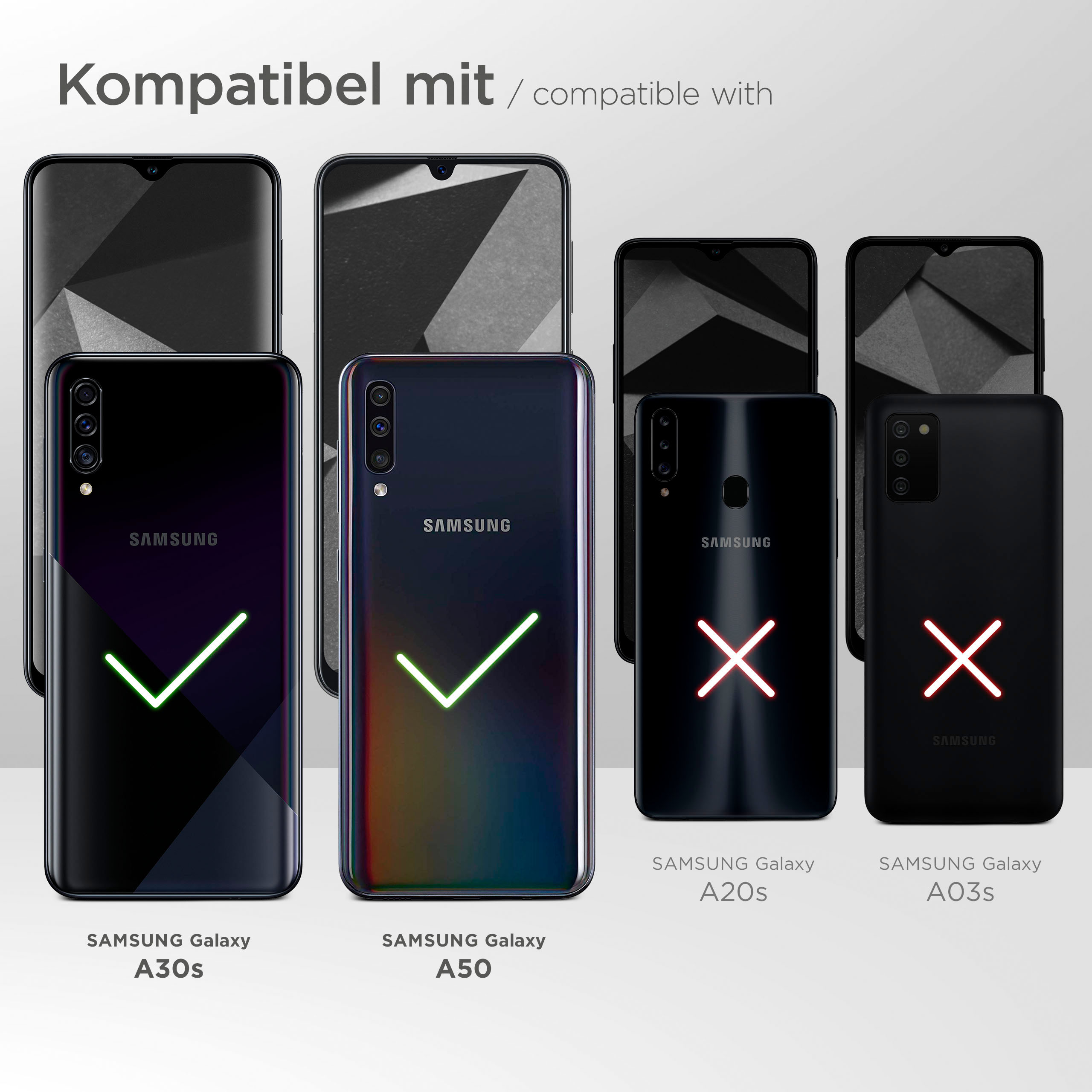 Das Bild zeigt mehrere Smartphones. Einige haben ein Häkchen und einige ein X auf ihren Bildschirmen.