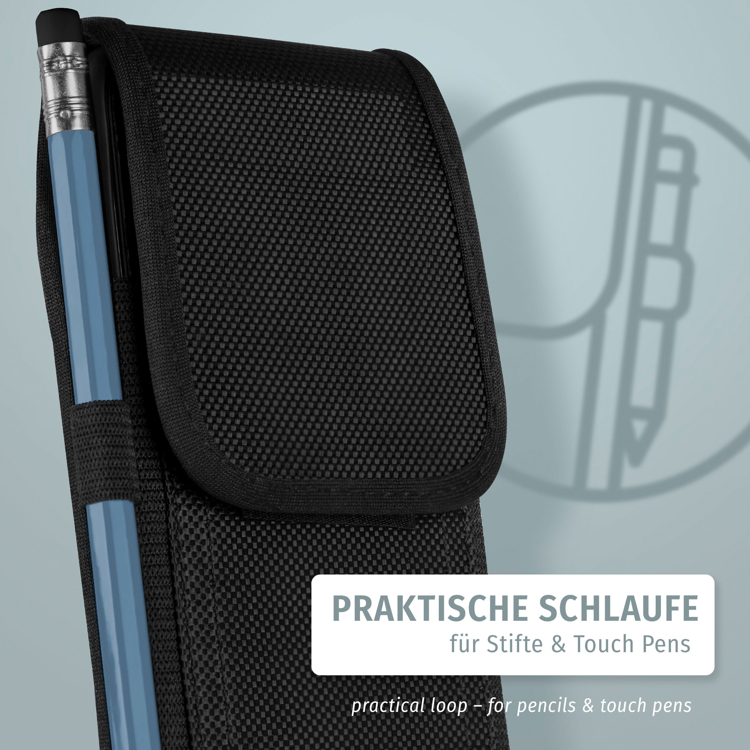 Schwarzes Etui mit Bleistift. Text: Praktische Schlaufe für Stifte & Touch Pens.