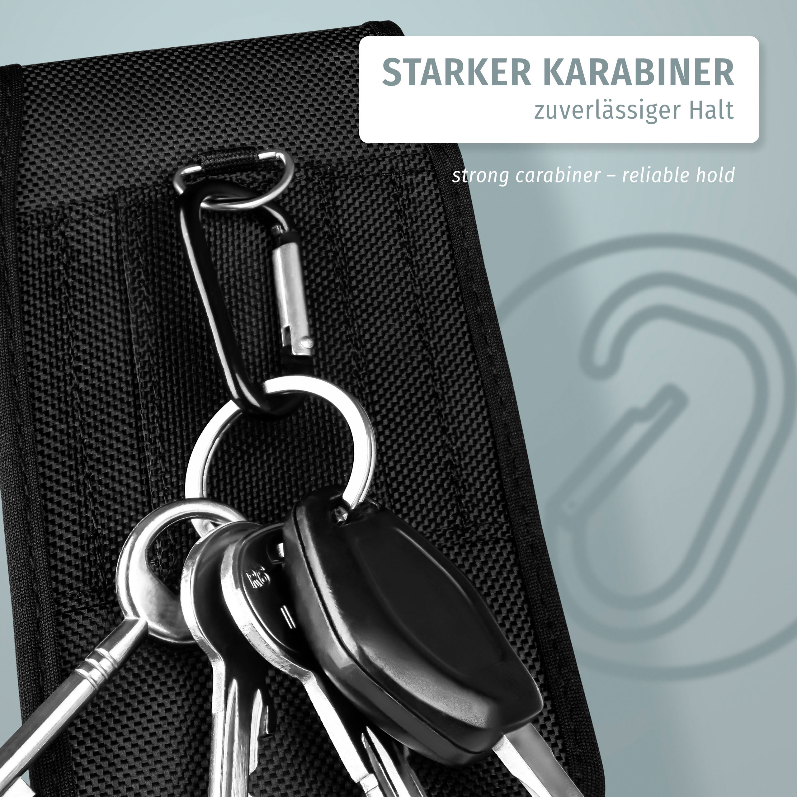 Schwarze Hülle mit Schlüsseln, die an einem Karabiner befestigt sind. Weißer Text: STARKE KARABINER, zuverlässiger Halt.