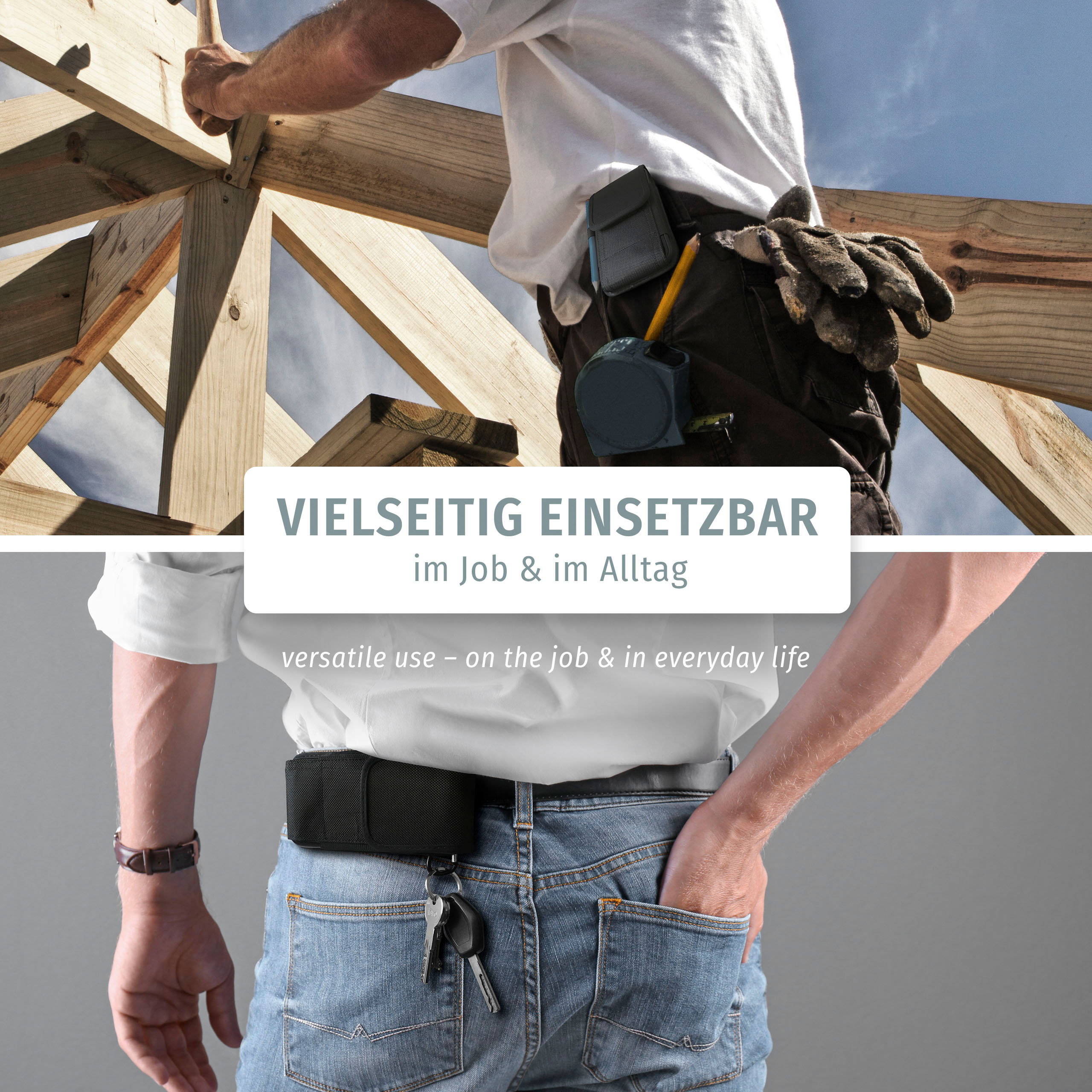 Ein Bauarbeiter auf einem Dach. Das Bild ist mit einer weiteren Person mit Werkzeuggürtel geteilt.