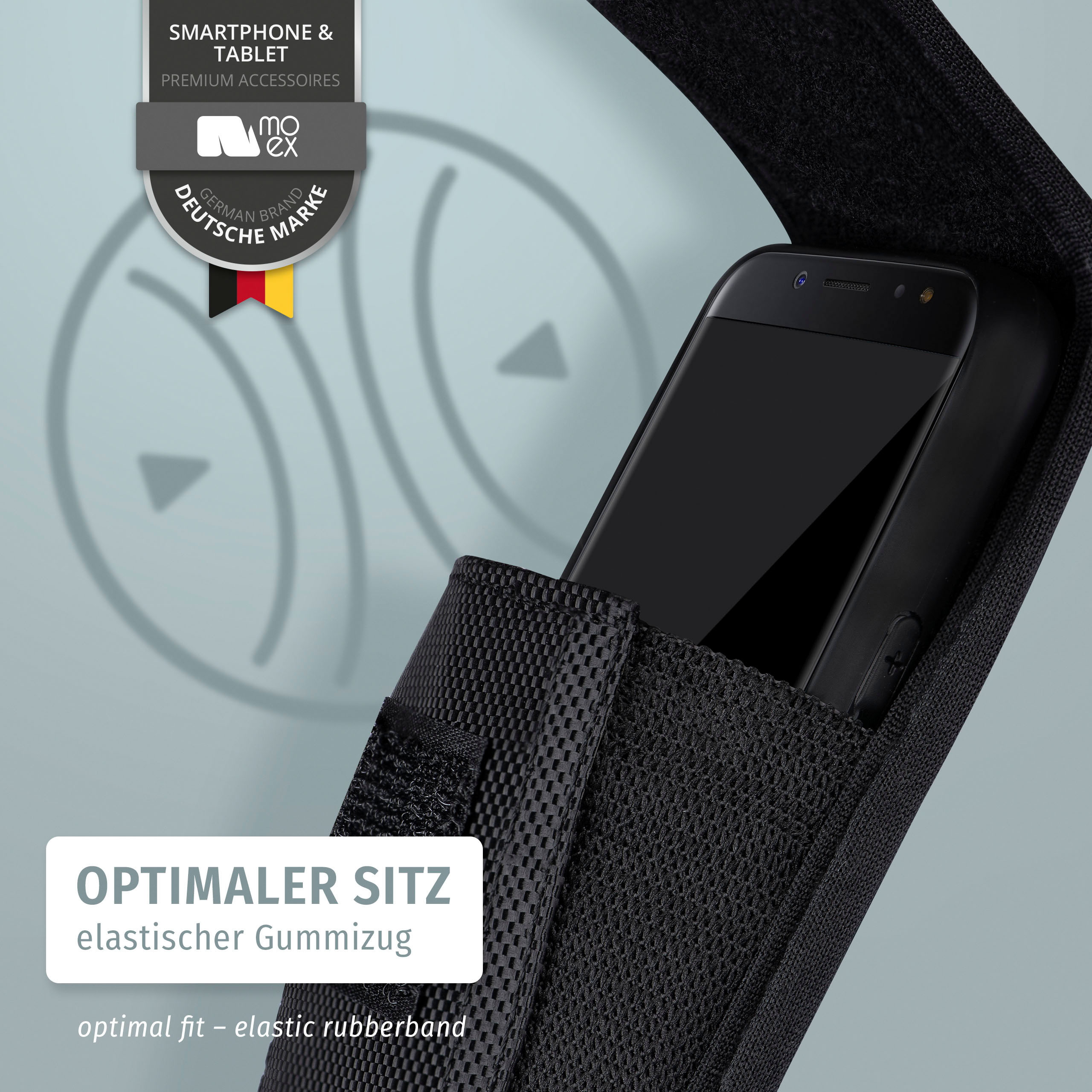 Schwarze Handytasche mit schwarzem Smartphone. Text "OPTIMALER SITZ" und "elastischer Gummizug".