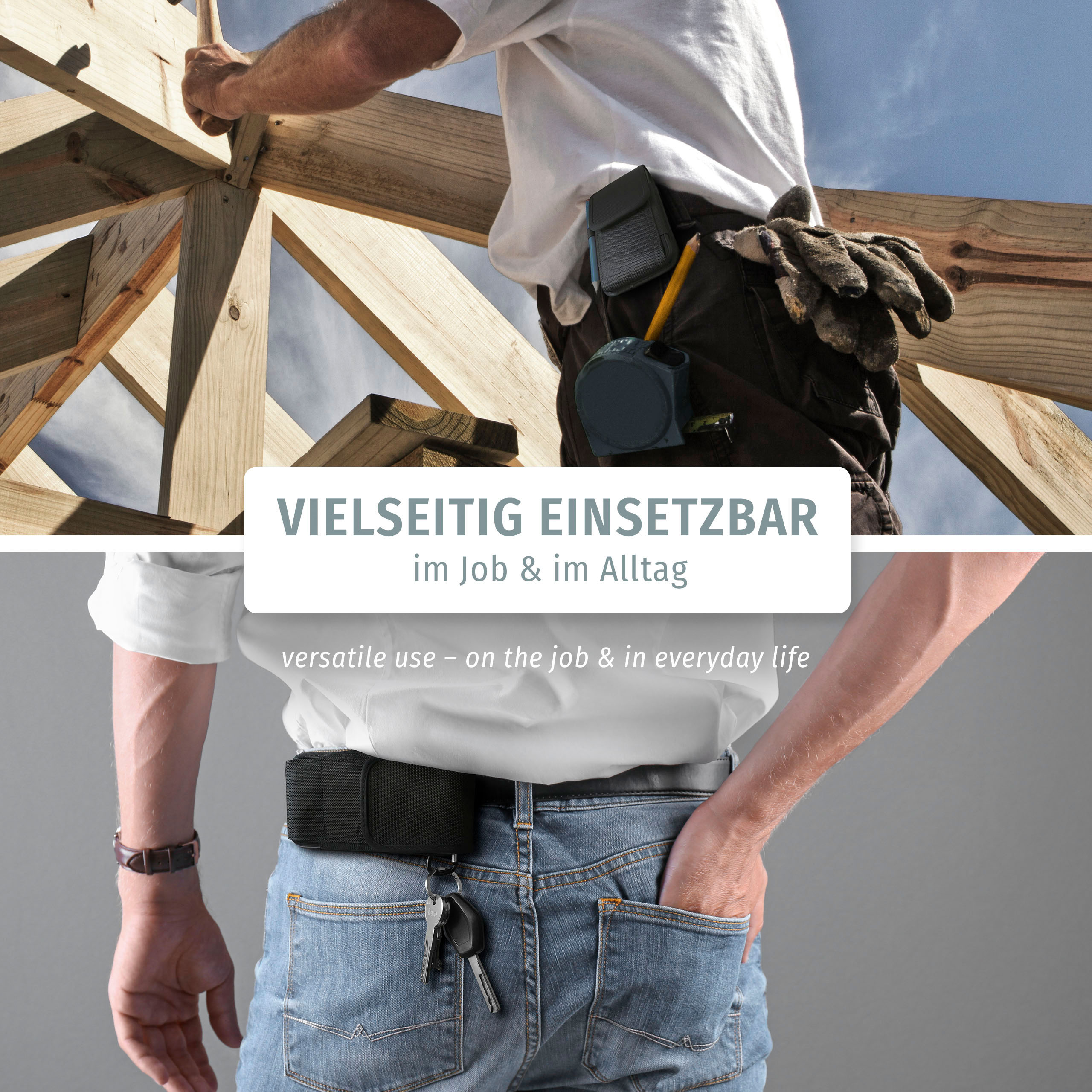 Ein Mann in weißem Hemd und blauer Jeans arbeitet. Das Bild zeigt zwei Blickwinkel, Dach und Gürtel.