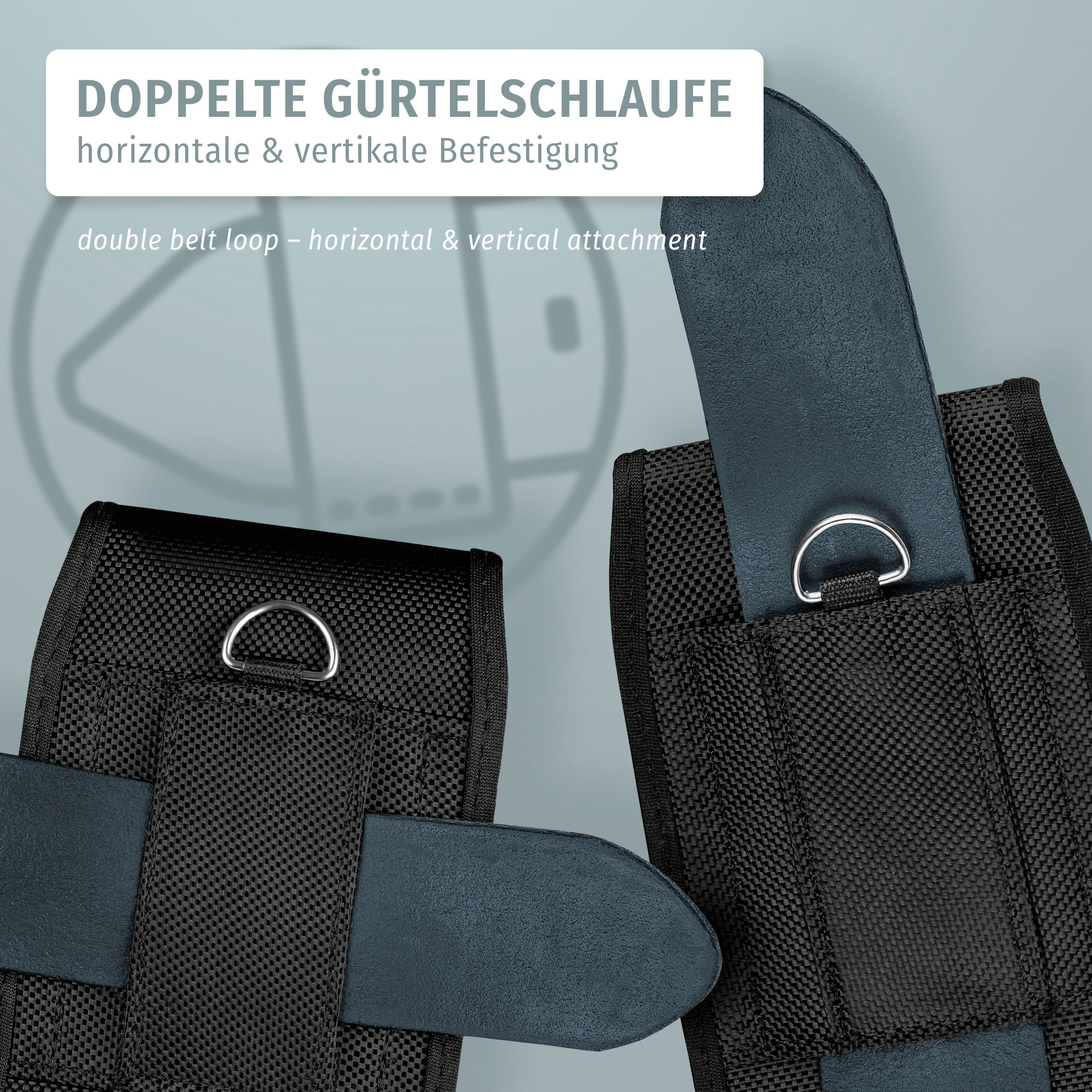 Schwarze Gürtelschlaufe mit Ring, Text Doppelte Gürtelschlaufe mit grauem Hintergrund.
