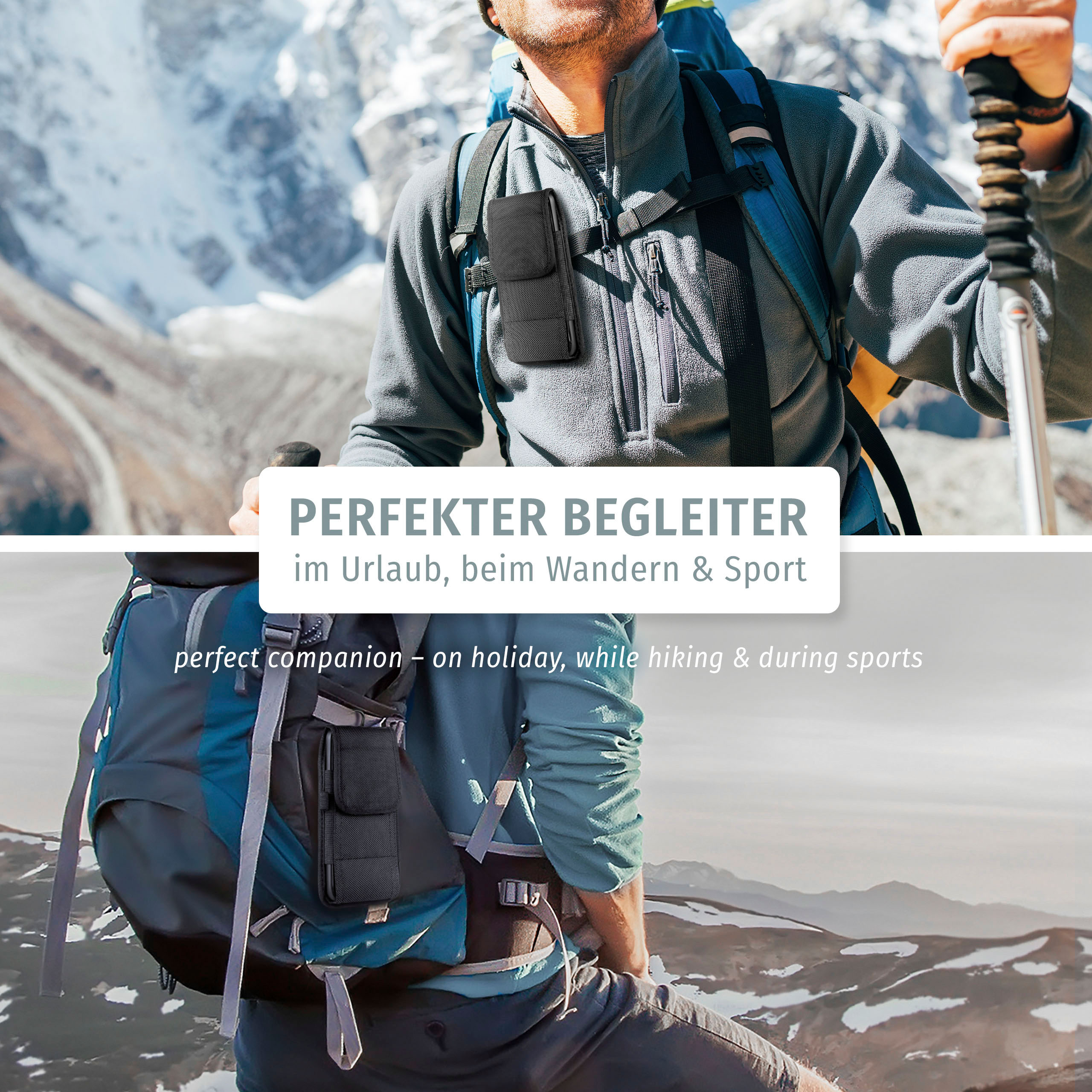 Mann wandert mit Rucksack. Eine weitere Tasche ist an der Brust befestigt.