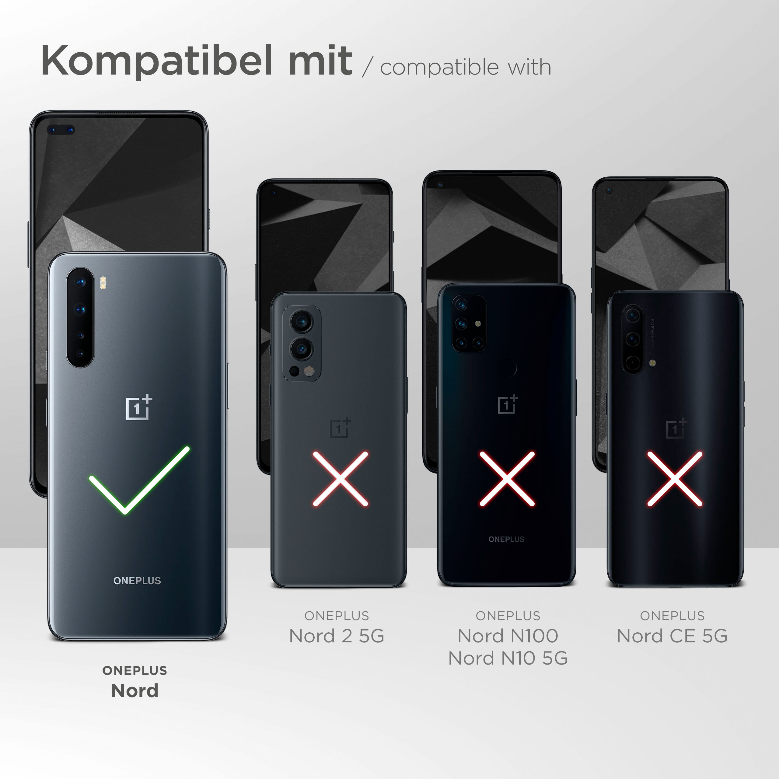 OnePlus-Telefone. OnePlus Nord-Modell mit Häkchen. Andere Modelle mit Kreuz markiert.
