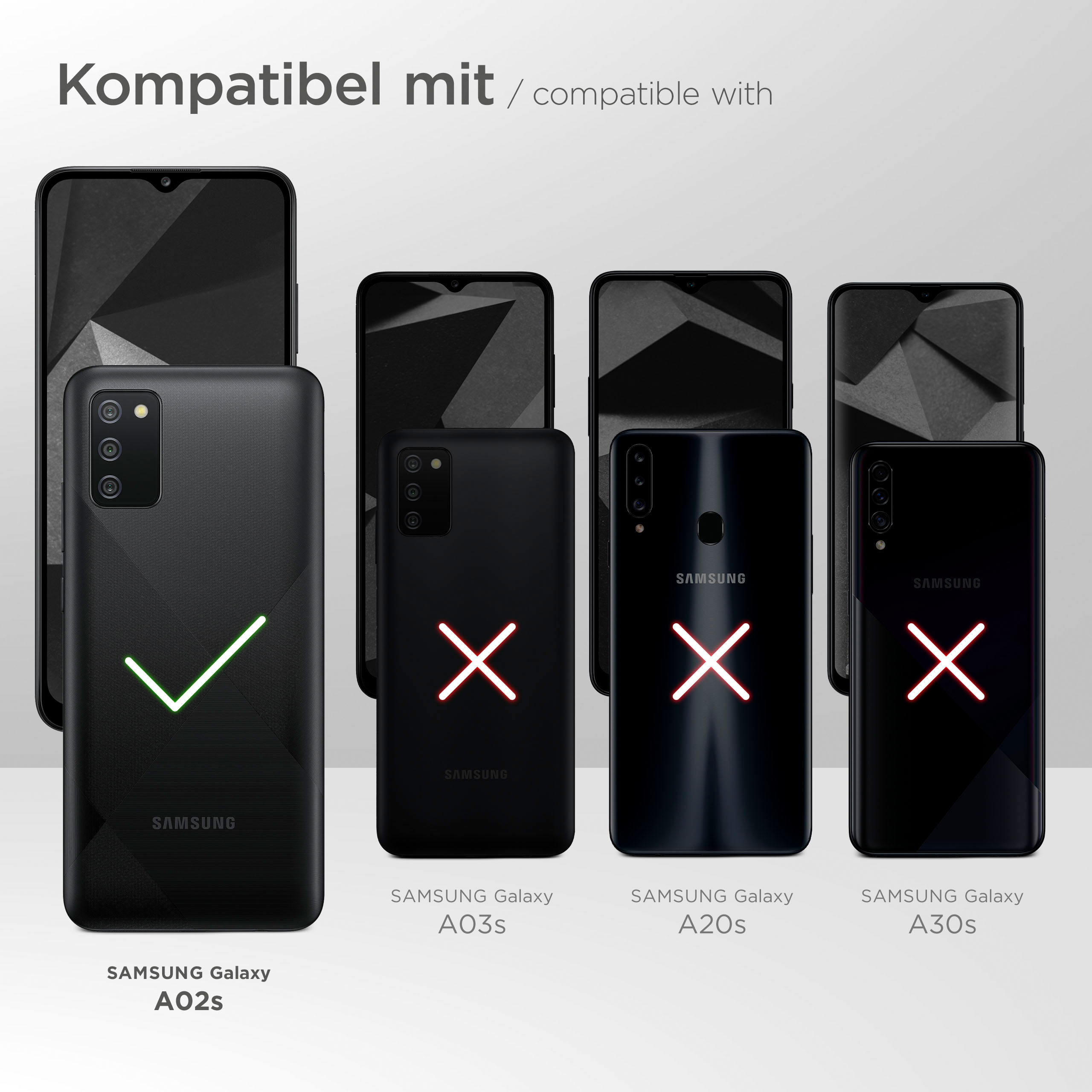 Telefone, einige mit roten Xs und eines mit einem grünen Häkchen. Samsung-Telefone sind das Thema.
