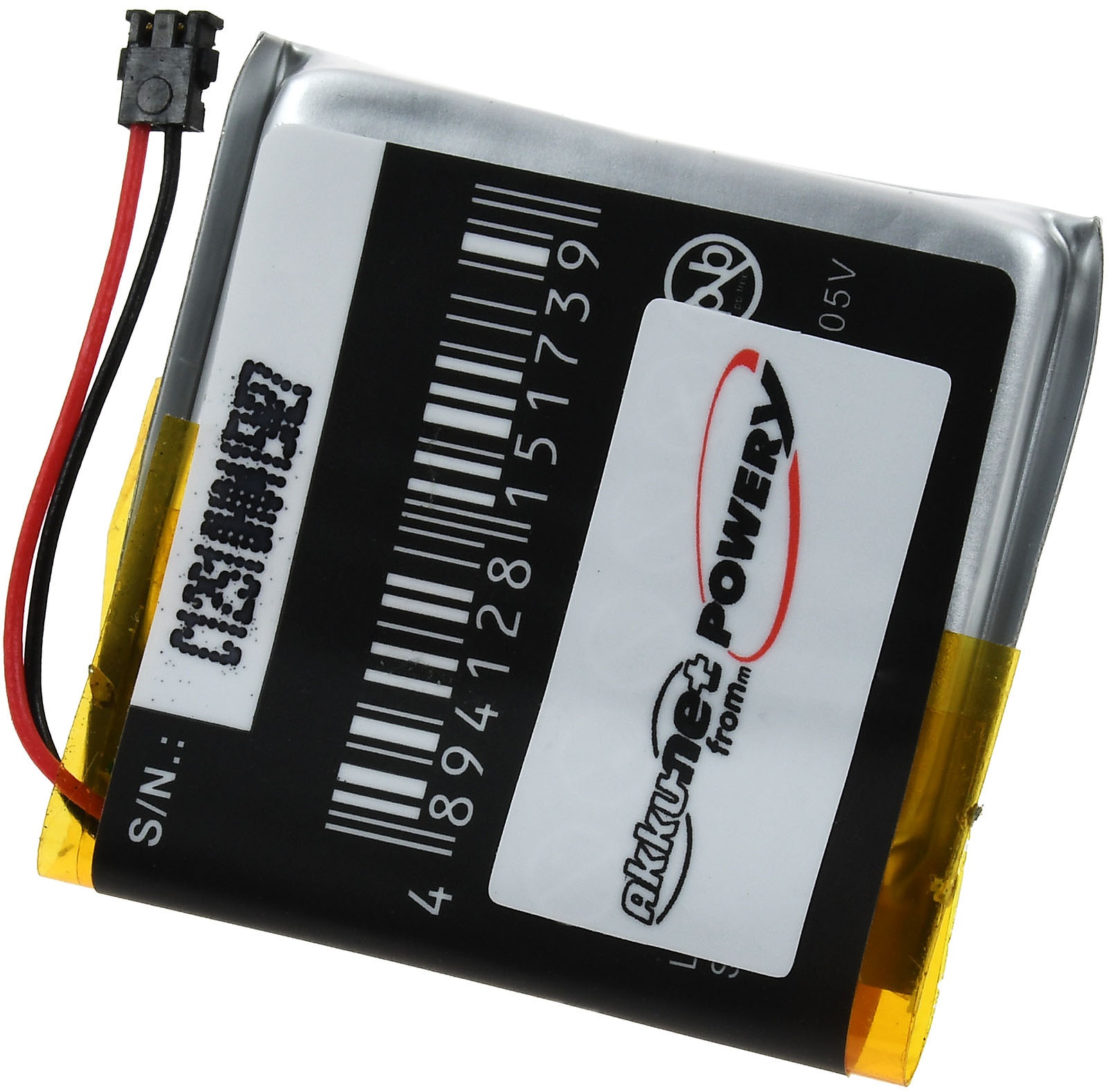 Kleine Batterie mit schwarzen und roten Drähten, weißem und schwarzem Etikett.