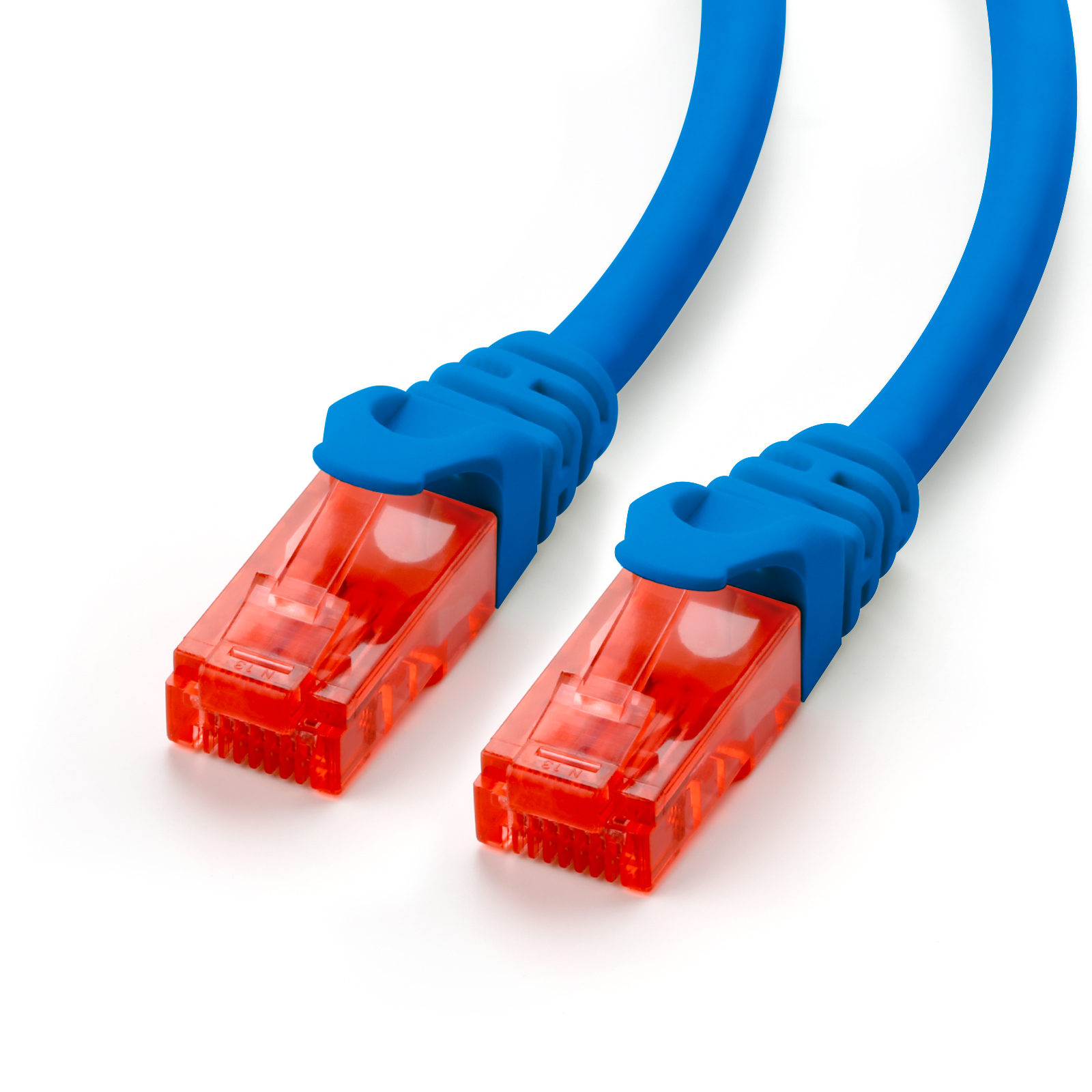 Blaue Ethernet-Kabel mit roten Steckern, zum Betrachter geneigt, auf weißer Oberfläche.