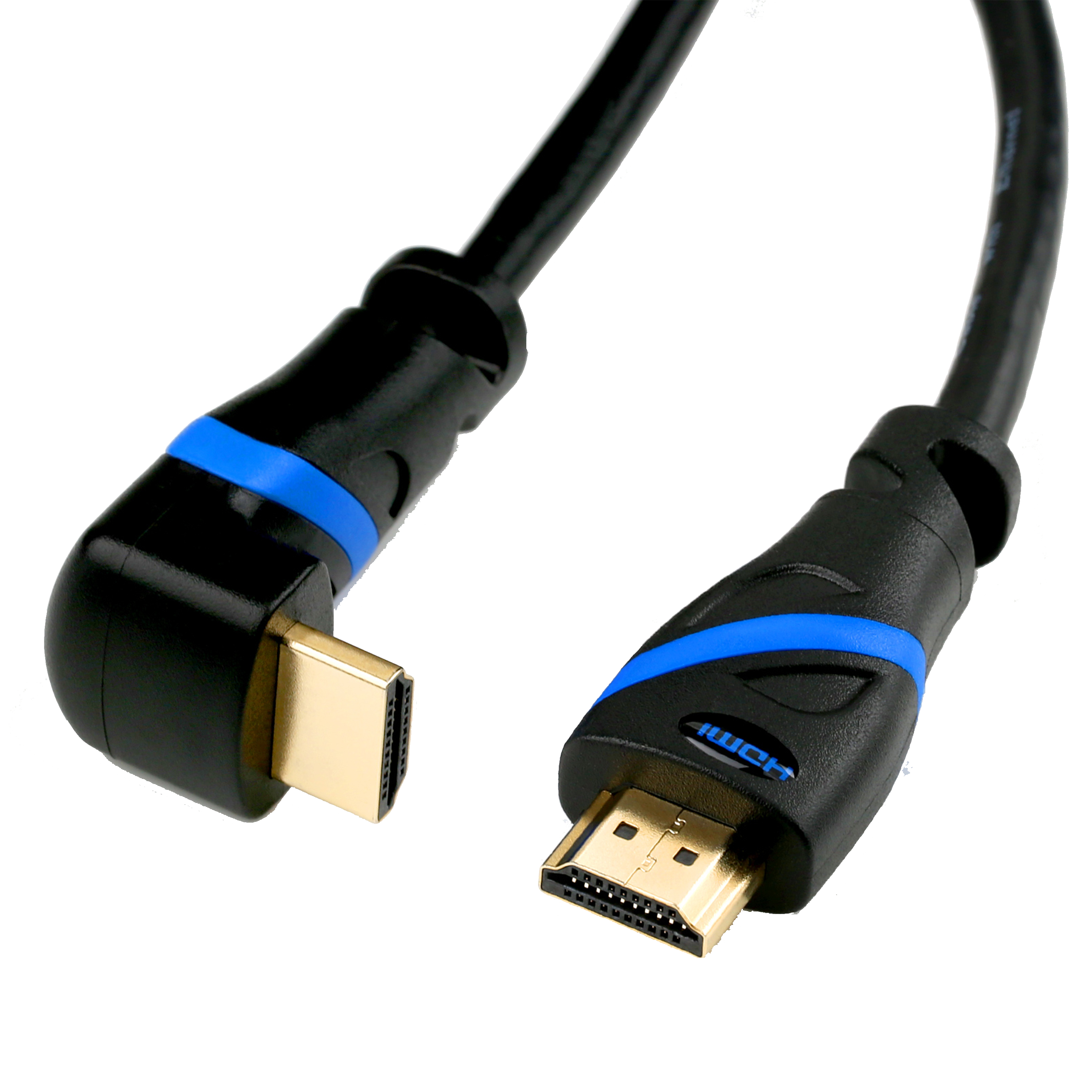 Schwarzes HDMI-Kabel mit blauen Akzenten, goldene Stecker, abgewinkeltes Design.