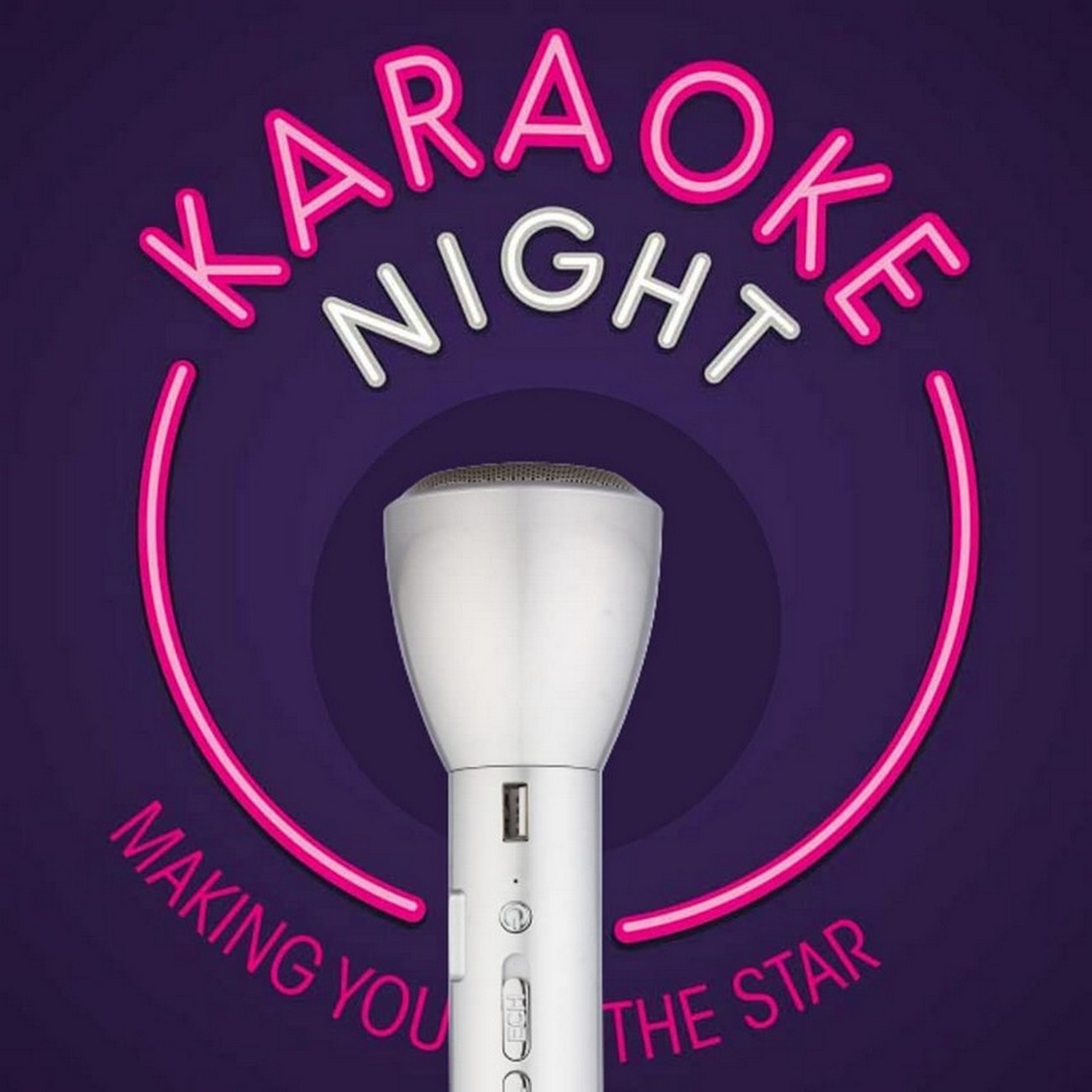Micrófono blanco con texto rosa y blanco que dice Karaoke Night y Making You The Star. Fondo morado.