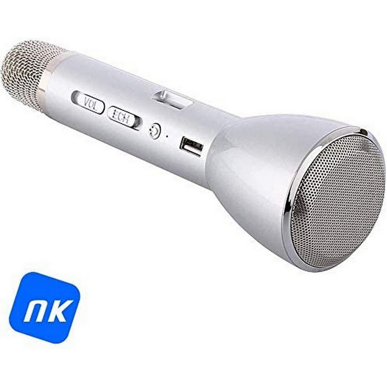 Micrófono de karaoke plateado con altavoz y controles, con un logo azul.