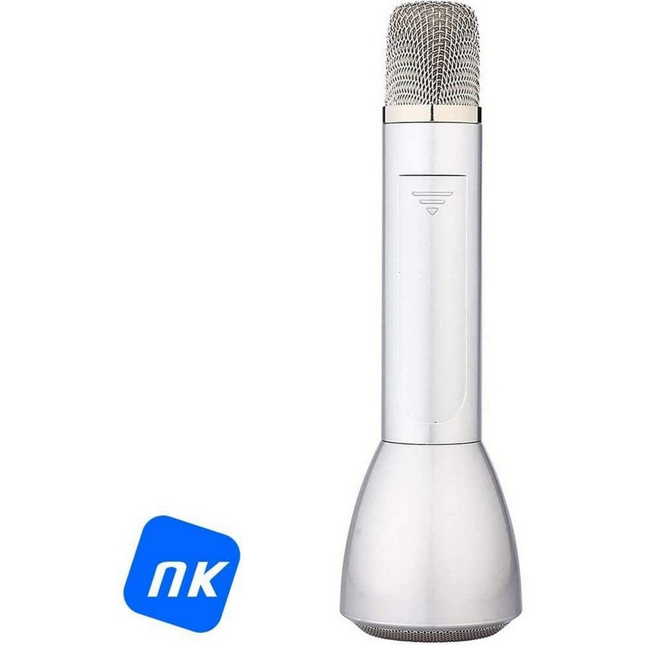 Un micrófono plateado con cabeza plateada y cuerpo blanco. Logo 'nk' azul en la esquina.