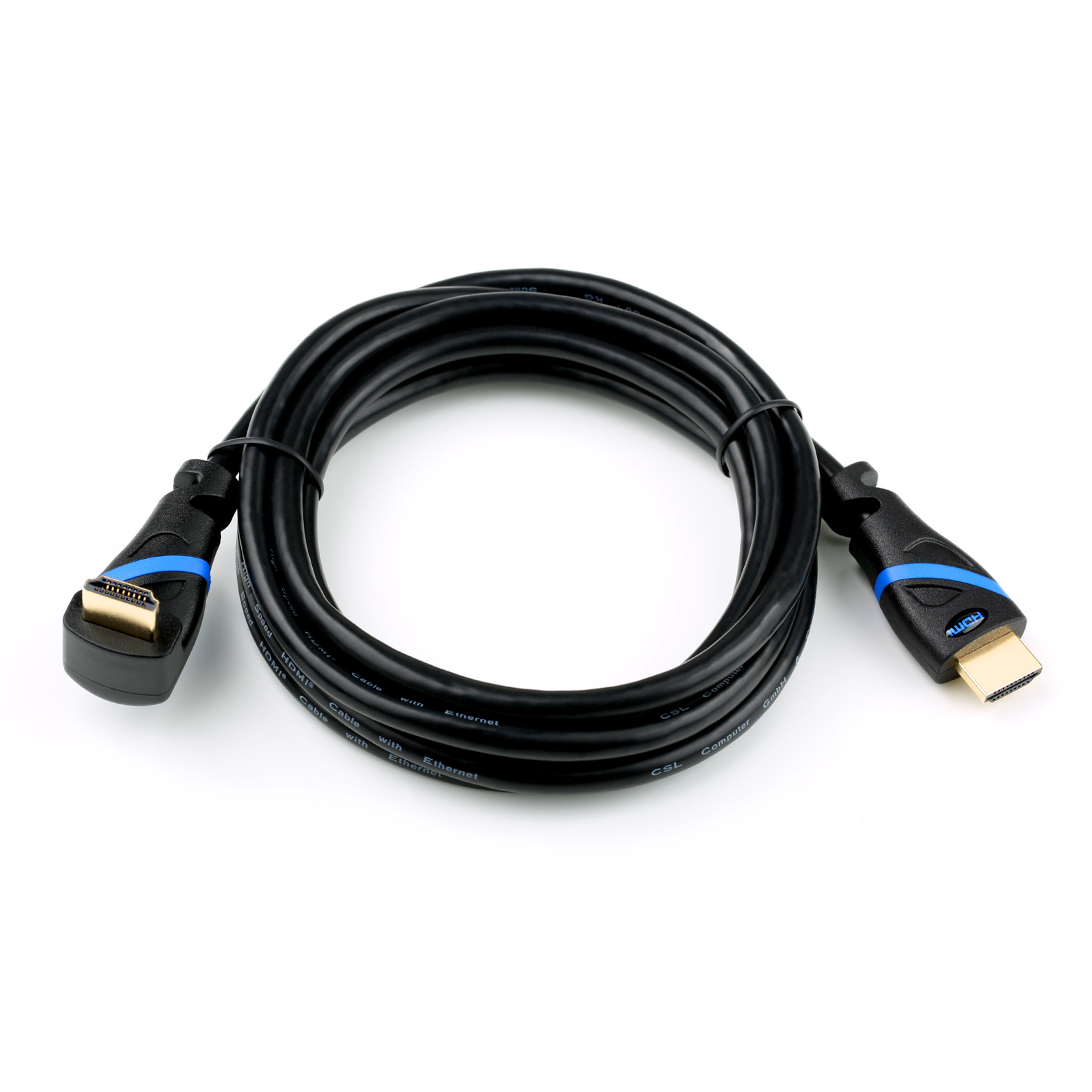 Ein schwarzes HDMI-Kabel mit blauen Akzenten und Anschlüssen an jedem Ende. Das Kabel liegt auf einer weißen Oberfläche.