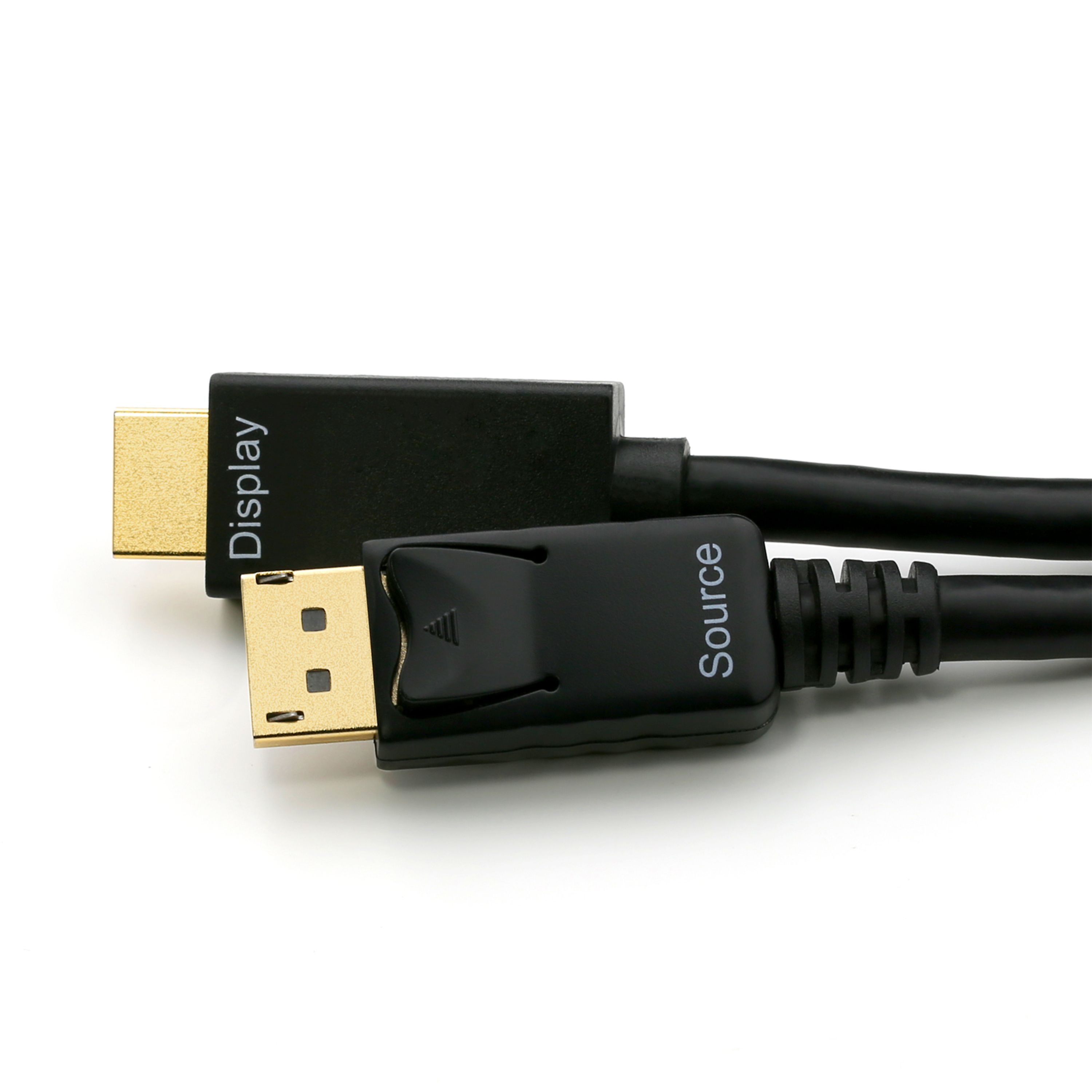 Schwarzes und goldenes DisplayPort-Kabel mit 'Display'- und 'Source'-Anschlüssen auf weißem Hintergrund.
