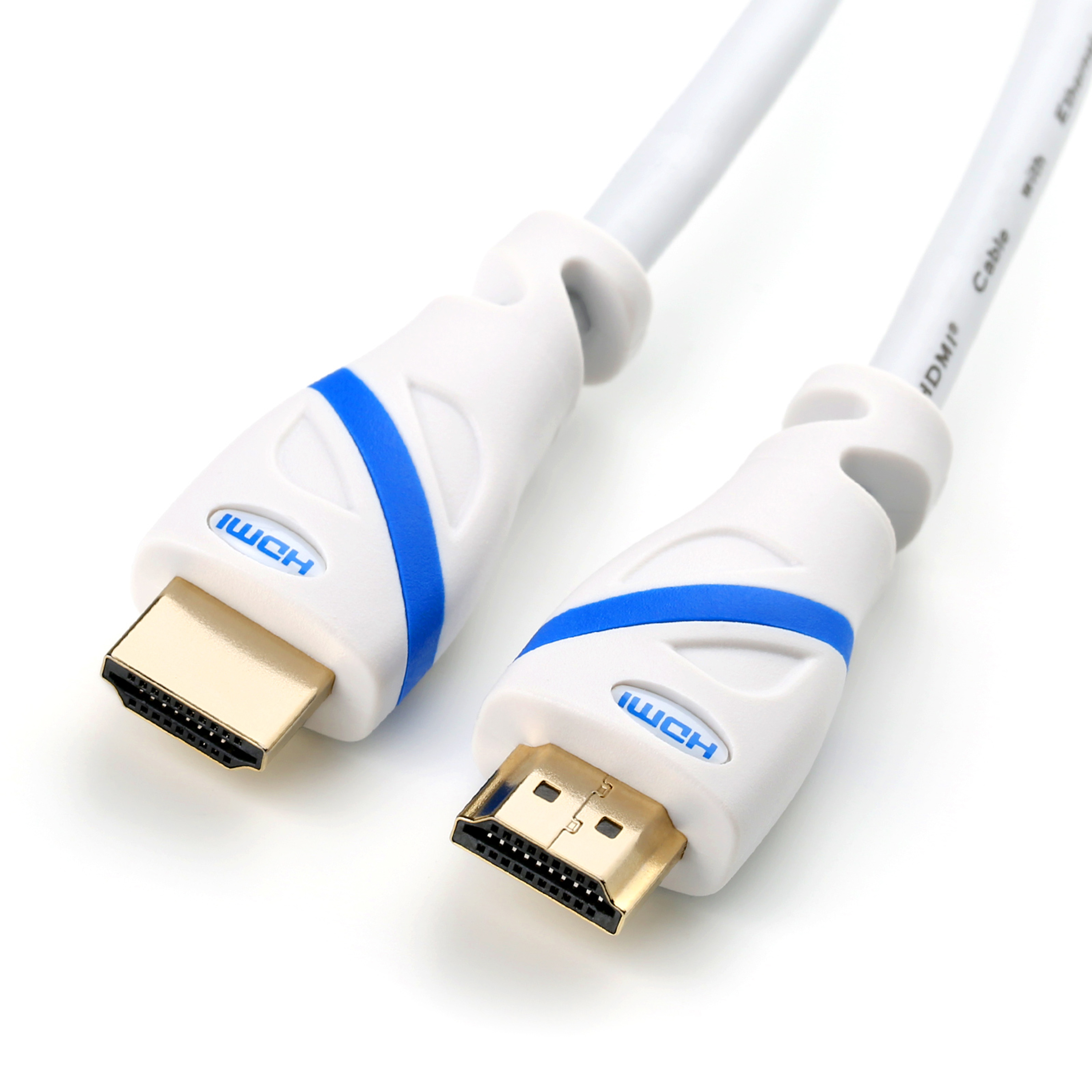 Weiße und blaue HDMI-Kabel. Anschlüsse sichtbar.