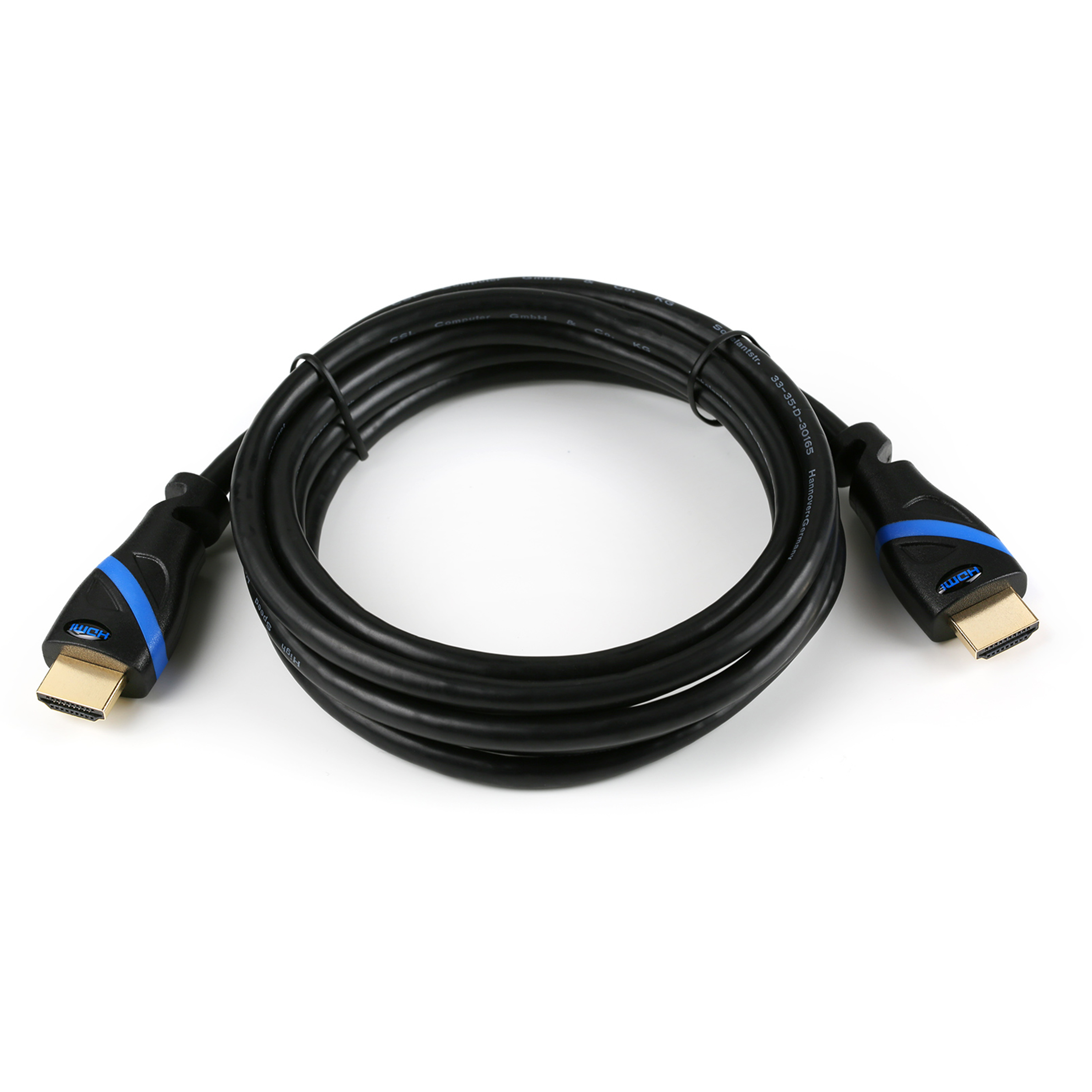 Schwarzes HDMI-Kabel mit blauen Akzenten und goldenen Steckern.