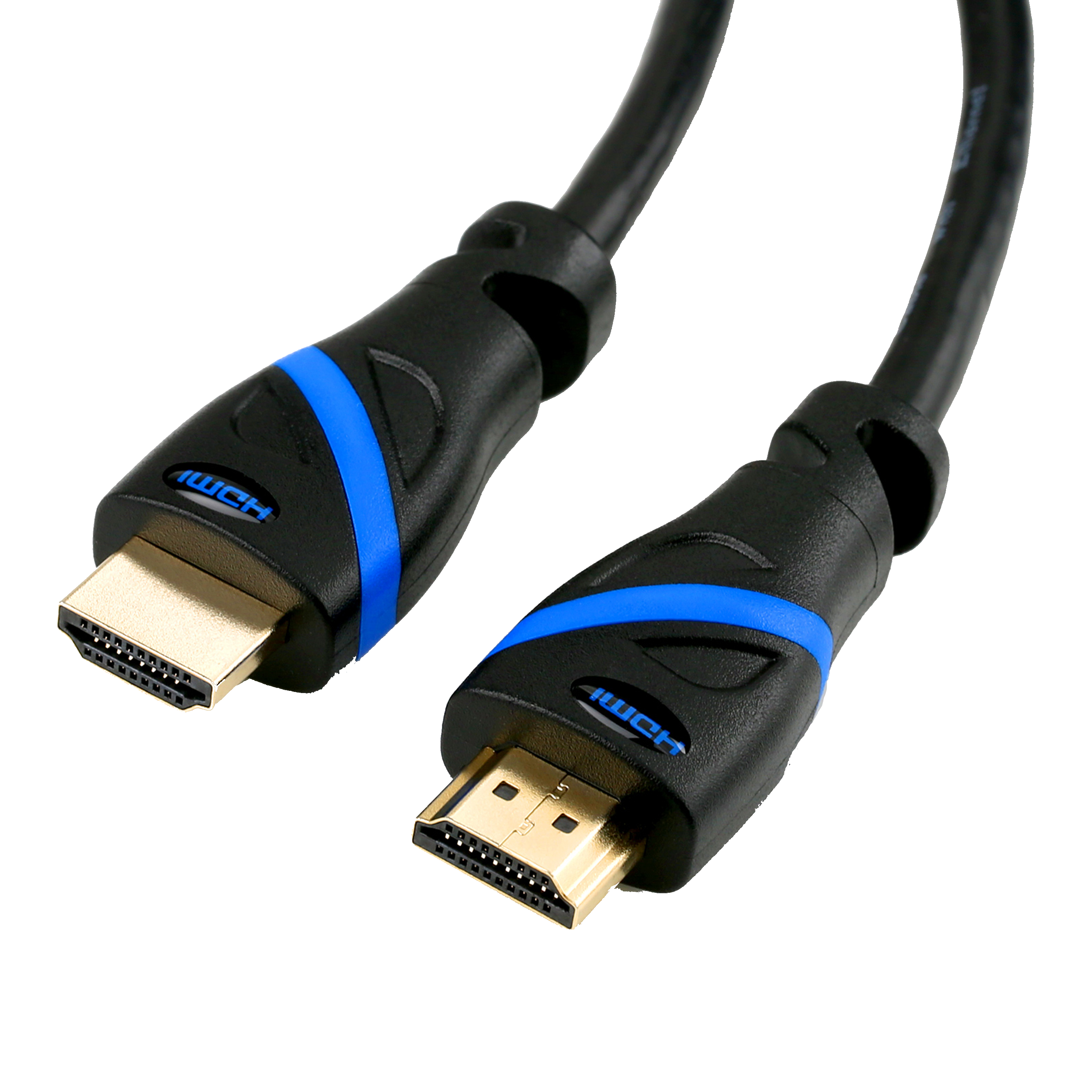 HDMI-Kabel mit schwarzen und blauen Steckern. Vergoldete Stecker auf schwarzem Hintergrund.