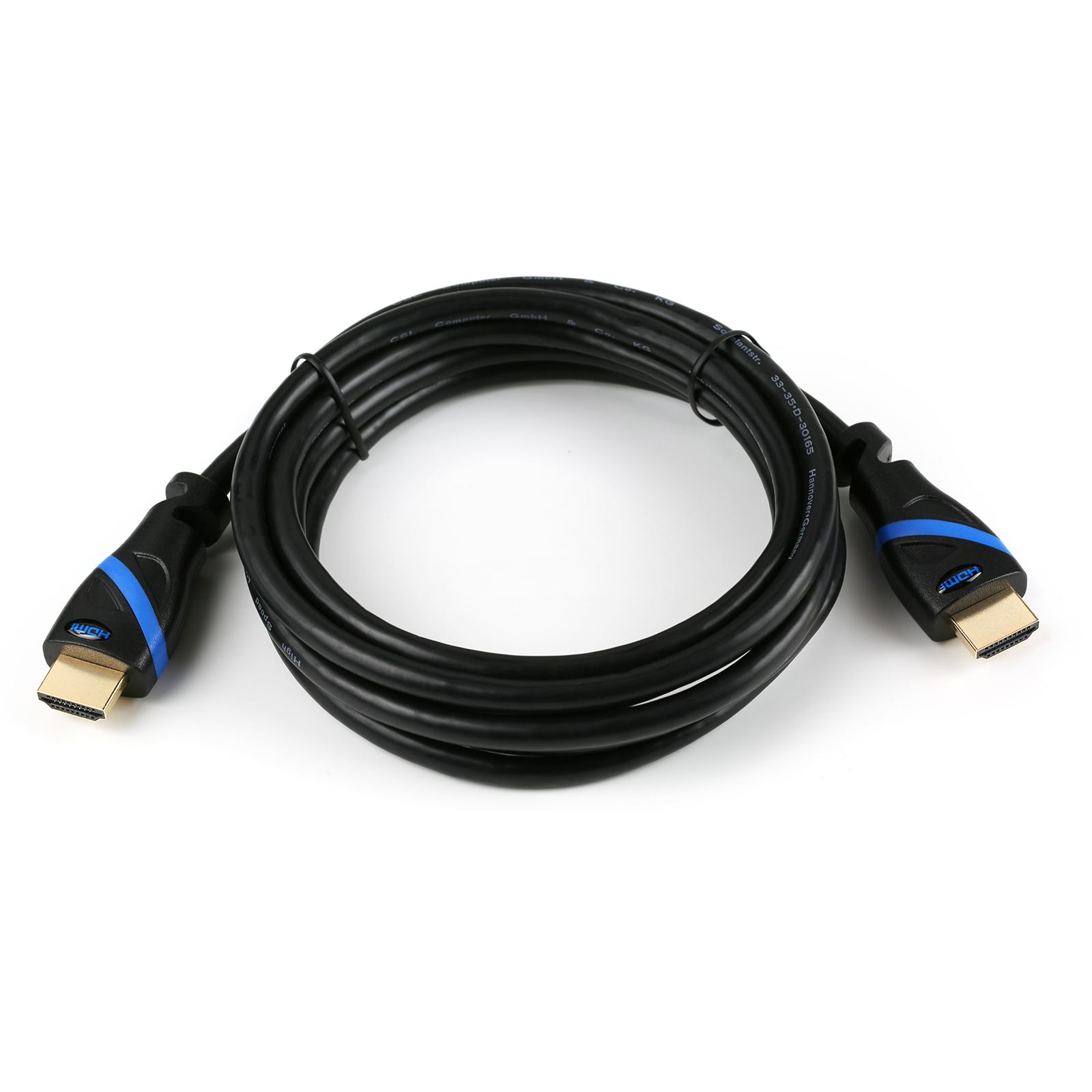 Ein schwarzes HDMI-Kabel mit blauen Akzenten an beiden Enden, goldfarbene Anschlüsse. Das Kabel ist aufgerollt.