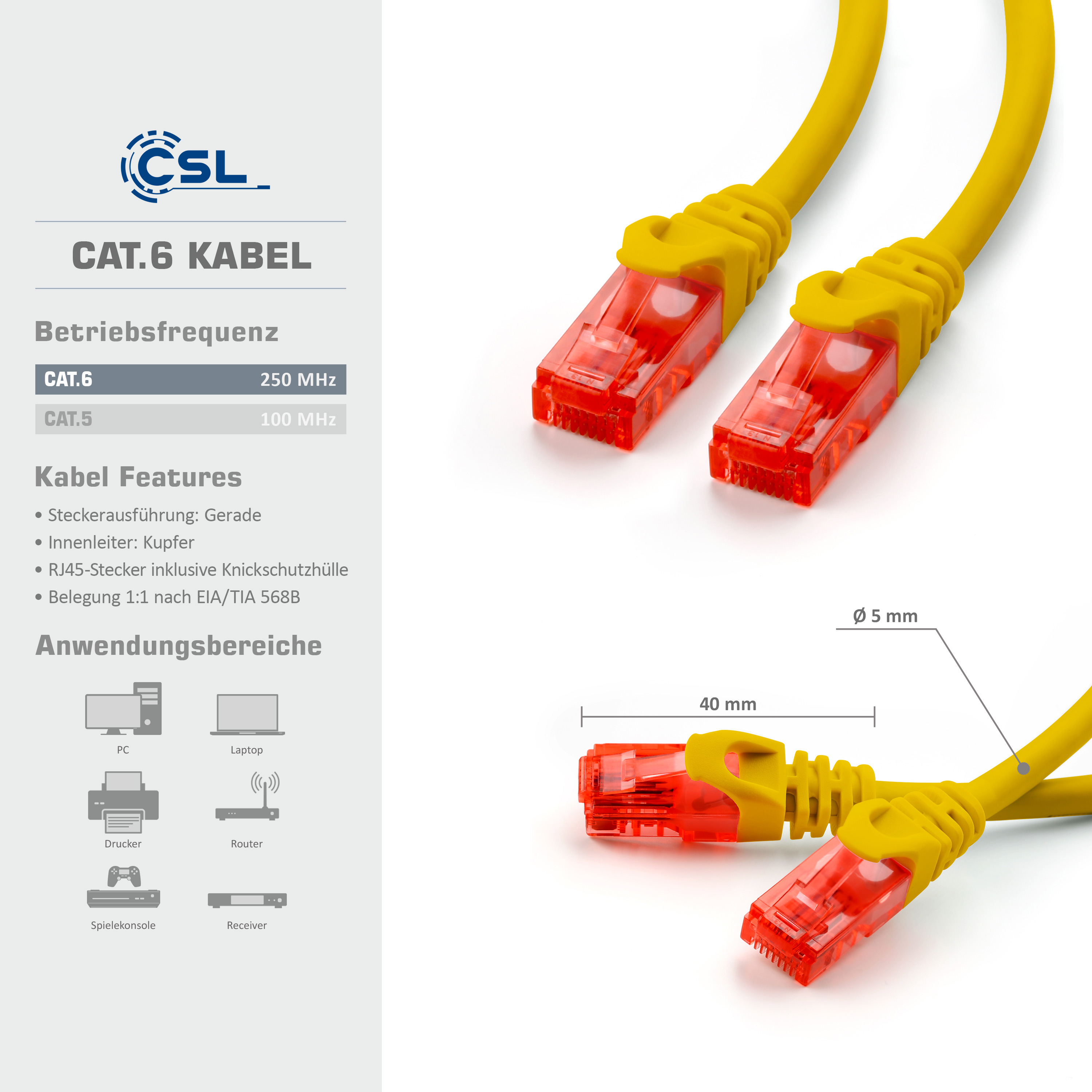 Gelbes CAT.6-Kabel mit roten Steckern und Text.