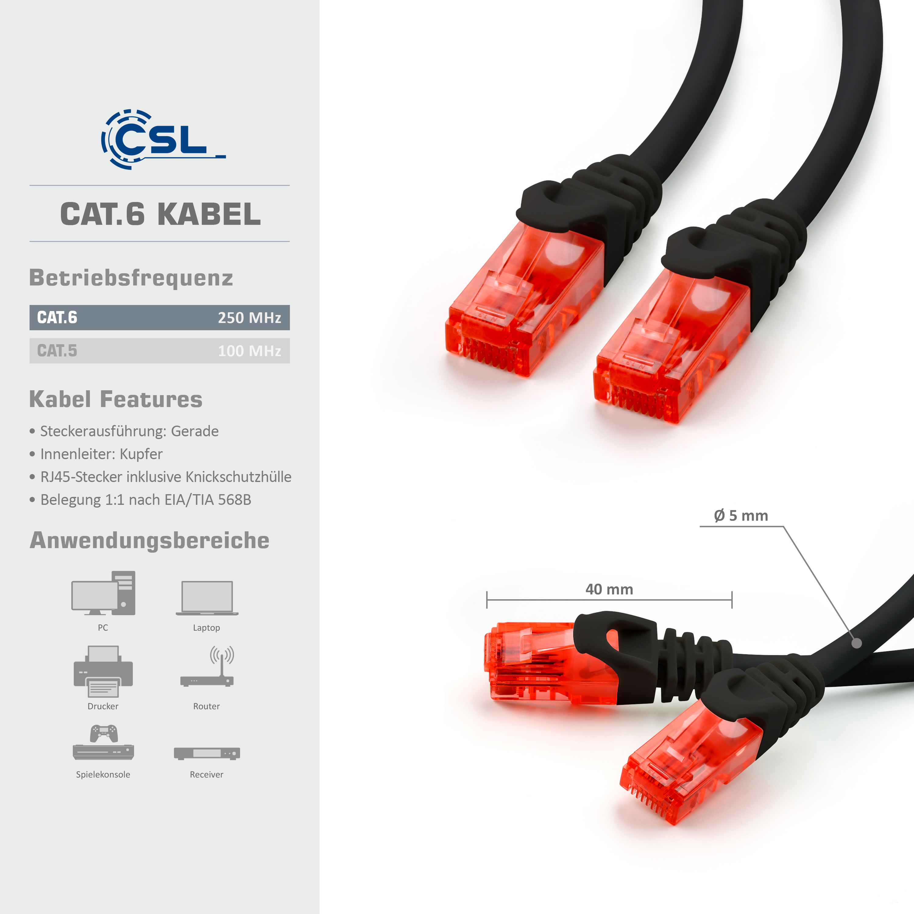 CAT.6-Kabel mit roten Steckern, schwarzes Kabel. Text mit Funktionen und Anwendungen. Weißer Hintergrund.