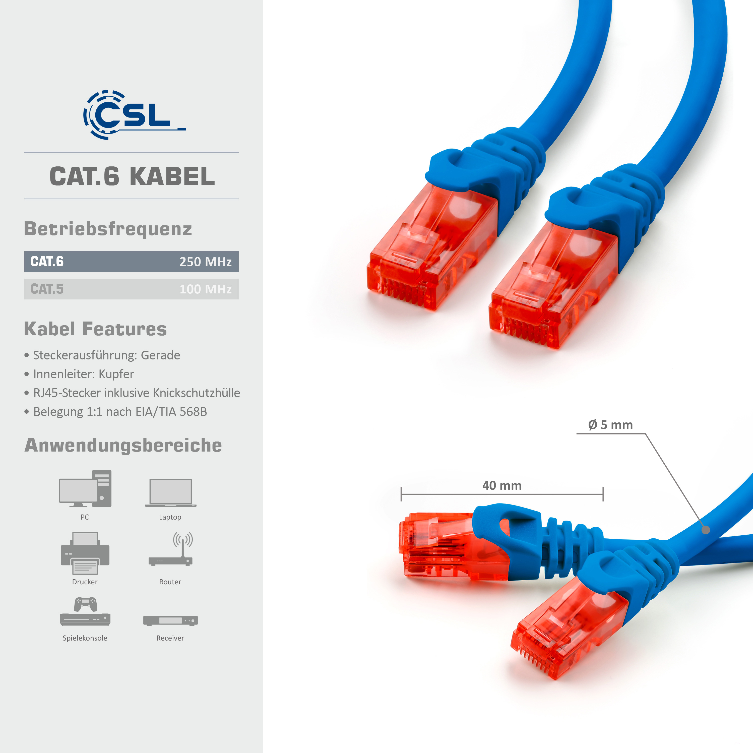 Blaues Kabel mit roten Steckern und weißem Text. Text sagt CAT.6 KABEL und Kabel Features.