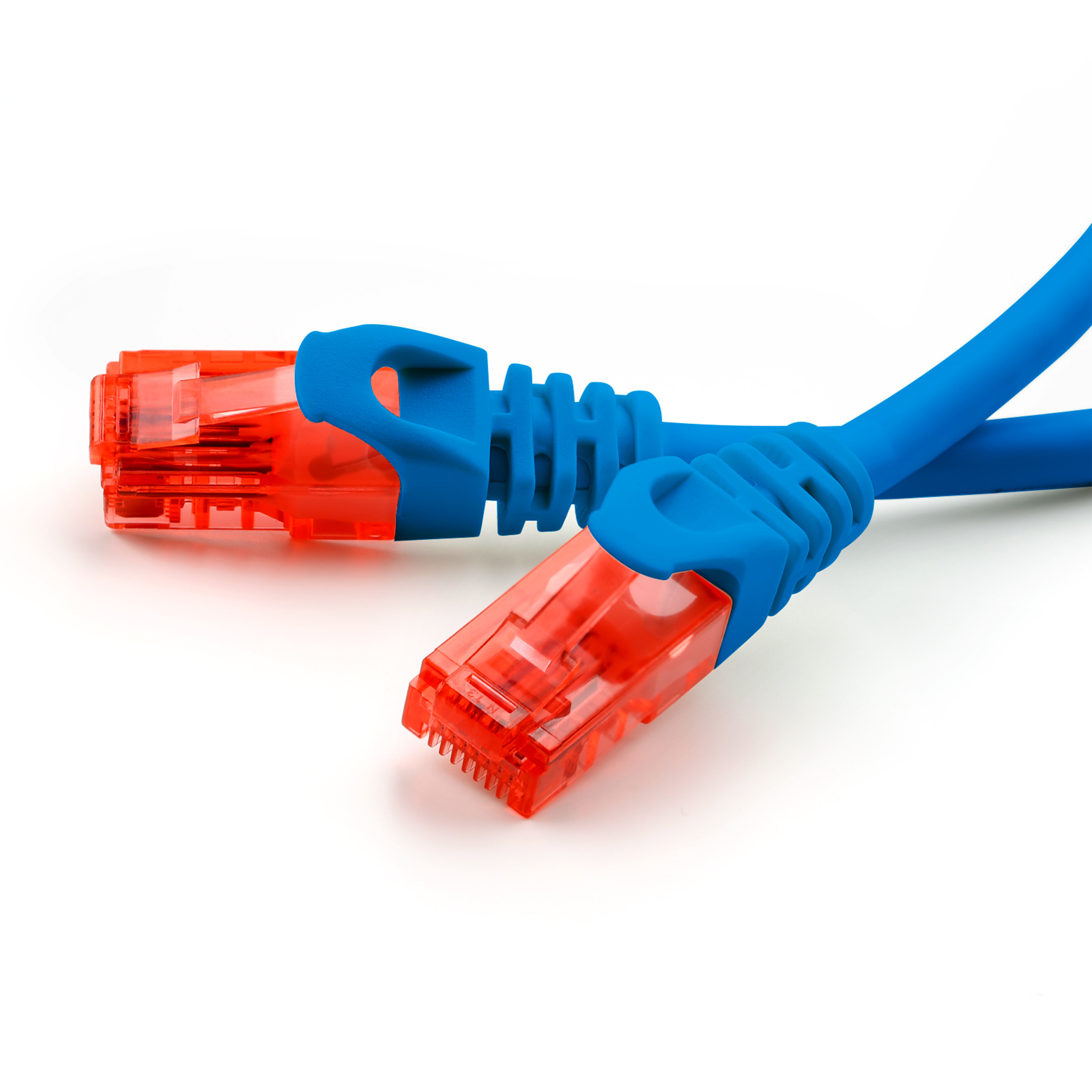Blaues Ethernet-Kabel mit orangefarbenen Steckern. Zwei Kabel sind sichtbar.
