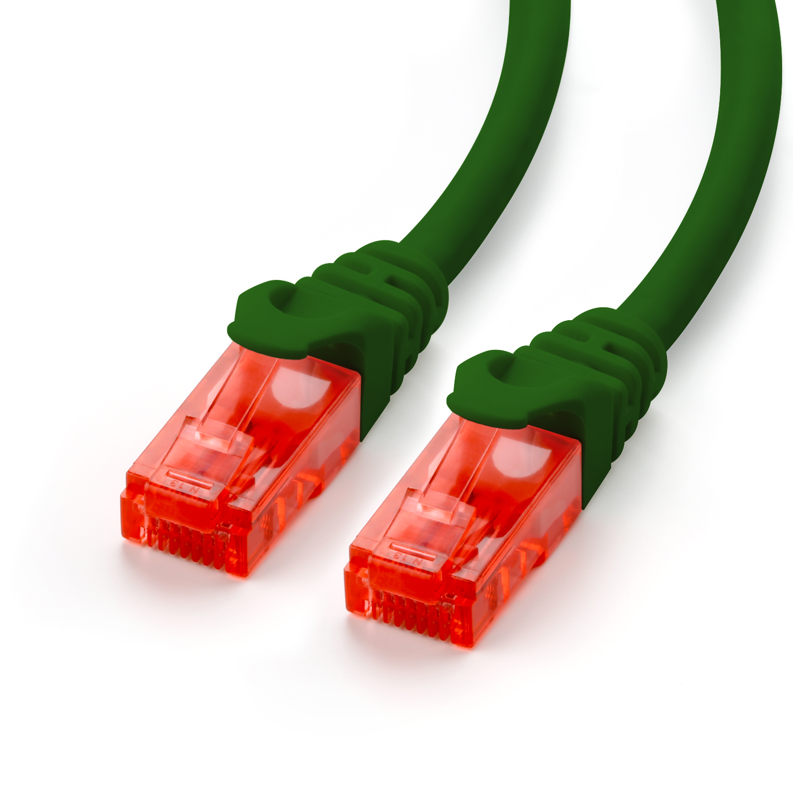 Gelbe Netzwerkkabel mit roten Steckern vor weißem Hintergrund, mit Text.